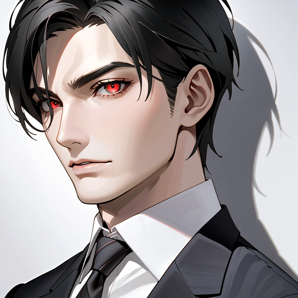   black hair,   sharp eye, Lewd Eyes, male　 red eyes　Short Hair　  handsome, ,  business suit　Portraiture　 upper body　 Snapshots