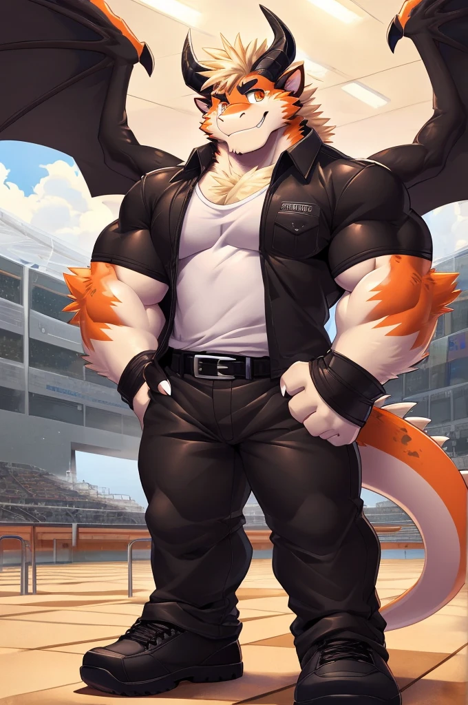 Yellow Dragon Lion , muscular, dragon wings, horns, dragon tail, furry , Sexil