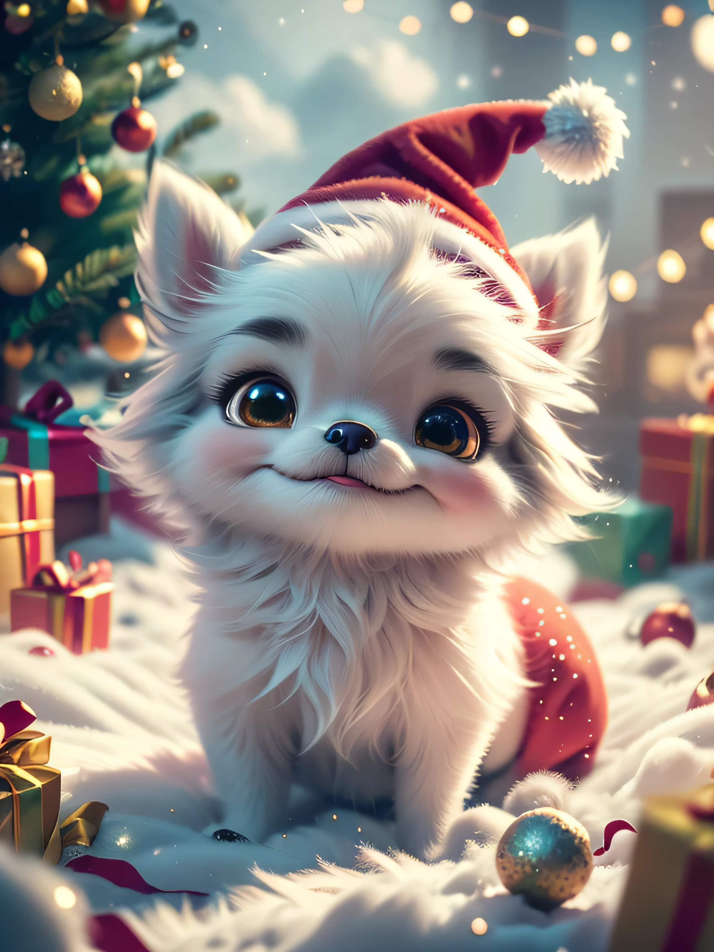 A beautiful, adorable  Chihuahua wearing a Santa hat made entirely of soft, light pink clouds, rests peacefully in a bed of fluffy clouds. The babyhuahua wearing a Santa hat has a gentle, serene expression on his face as he sleeps, with his soft, dream-like appearance. The surrounding clouds are colored in pastel shades of lilac and silver, creating a warm and dreamy atmosphere. The entire scene is bathed in a soft, ethereal light, enhancing the magical and fantastical quality of the image. The baby Chiua wearing a Santa hat should appear as a seamless part of the cloudscape, blending perfectly with the surrounding clouds, yet maintaining distinct, realistic features that enhance his cuteness and charm. Hyperrealistic, splatter art, conceptual art, medium ground, intricate detail, color depth, vibrant colors, dramatic, 2/3 field of view, side light, colorful background. Christmas lights in the background and a Christmas tree. Christmas theme, blurred background, fantasy, Gouves style artwork, Realism: 1.37, (super fine fantasy art), Masterpiece, high quality design & accurate physics, (super accurate fantasy style)) art, dark fantasy style)), super accurate design & accurate physics), color, depth of field, shadows, ray tracing, (accurate simulation of the interaction of light and materials)], intricate Christmas decorations, glowing garlands, sparkling decorations, natural light, soft background, photorealistic, sparkling eyes, sharp focus, glowing skin, cute & naughty look, hint of mischief, dreamy atmosphere, super glossy effect, fine details, soft ambient light, (Backlight: 1.3), (Cinematic: 1.2), intricate details, (ArtStation: 1.3)