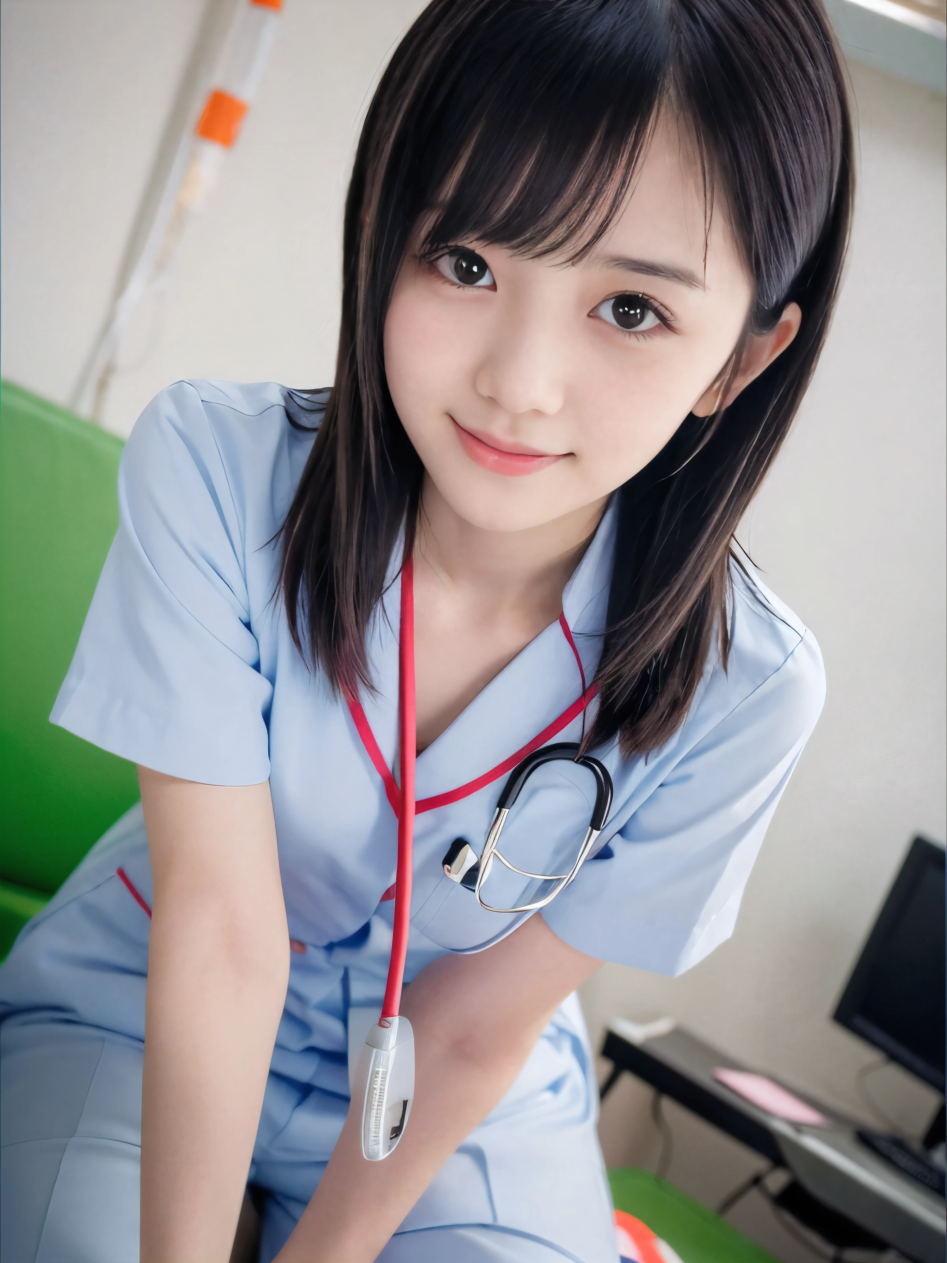 (Close-up face shot of one slender small breasts two side up black medium hair with bangs girl in a white nurse long pants uniform :1.5)、(One girl is preparing the intravenous drip in the hospital room in Japan with happy smile:1.5)、(blurred background:1.5)、(Natural light:1.5)、(High-key photo:1.5)、(8k ultra detailed master piece:1.5)、(perfect anatomy:1.5)、(Photorealistic stick:1.5)、(Raw photo:1.3)、(highest quality:1.5)、(High resolution:1.3)、(Delicate and beautiful perfect face:1.3)、(Delicate and beautiful eye air skin:1.3)、(Real Human Skin:1.3)、((thin legs))
