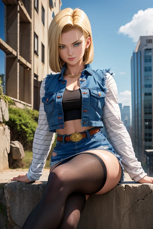 best quality, highres, and18, 1girl, android 18, solo girl, blonde hair, blue eyes, belt, boots, tight blue demin skirt, gold necklace, black shirt, short hair, long striped sleeves, earrings, open vest, denim vest, medium breasts, cowboy shot, city view, straight-on, (weather: windy), sexy smile, full length pantyhose, battle ruins, wide hips, thick legs, sitting, torn clothes, striped panties,