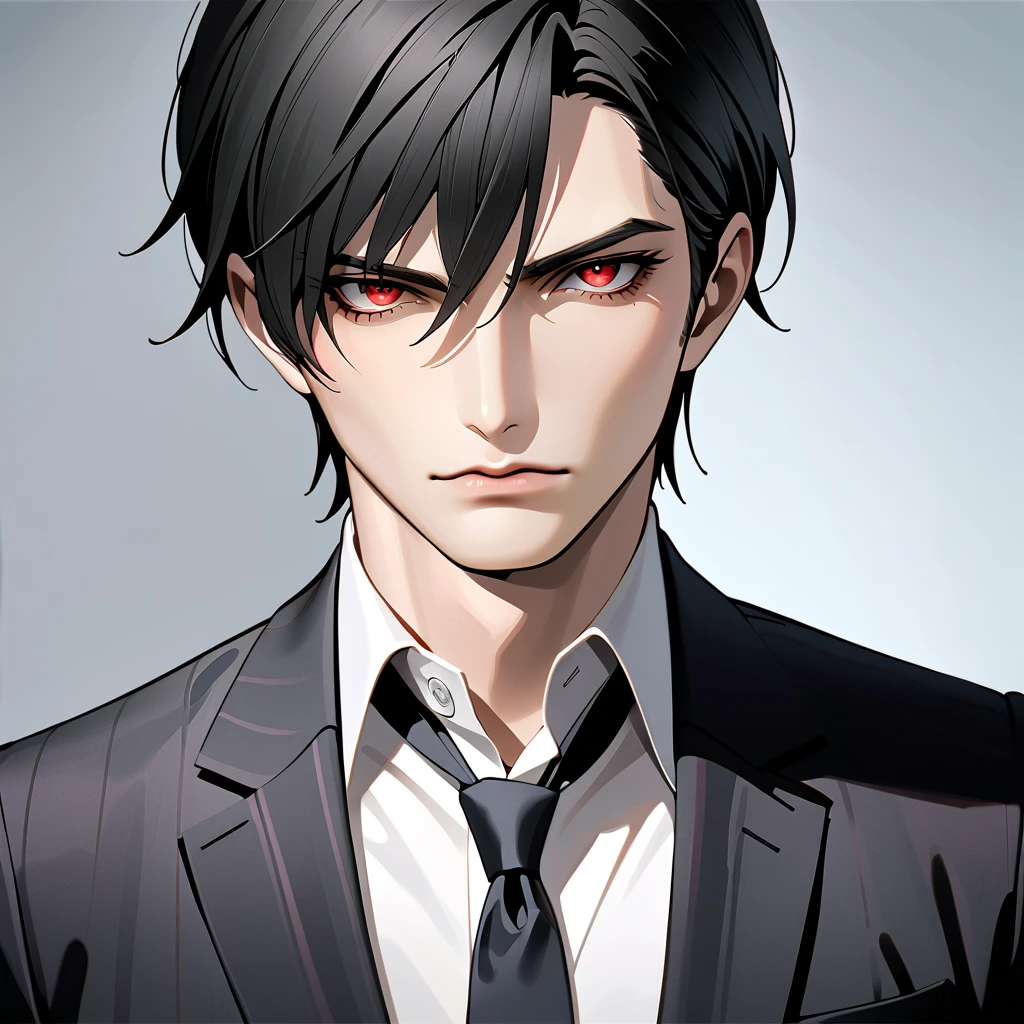   black hair,   sharp eye, Lewd Eyes, male　 red eyes　Short Hair　  handsome, ,  business suit　Portraiture　 upper body　 Snapshots　 cowboy shot 