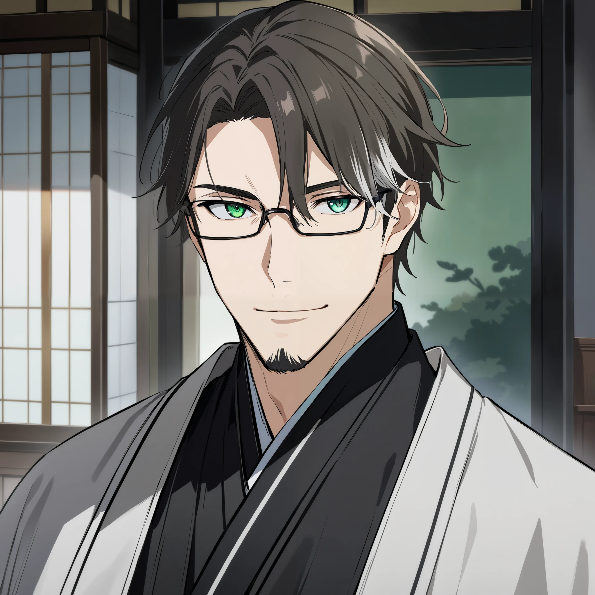 (high-quality, breathtaking),(expressive eyes, perfect face) 1boy, male, solo, adult age, dad vibe, Sword Art Online, Symmetrical Eyes, simple background, gentle smile, medium hair, modern outfit, SAO inspired, japanese outfit, portrait, black color hair, modern living room background, looking at viewer, parent, thin black glasses, beard, facial hair, green eyes, grey streaks in hair
