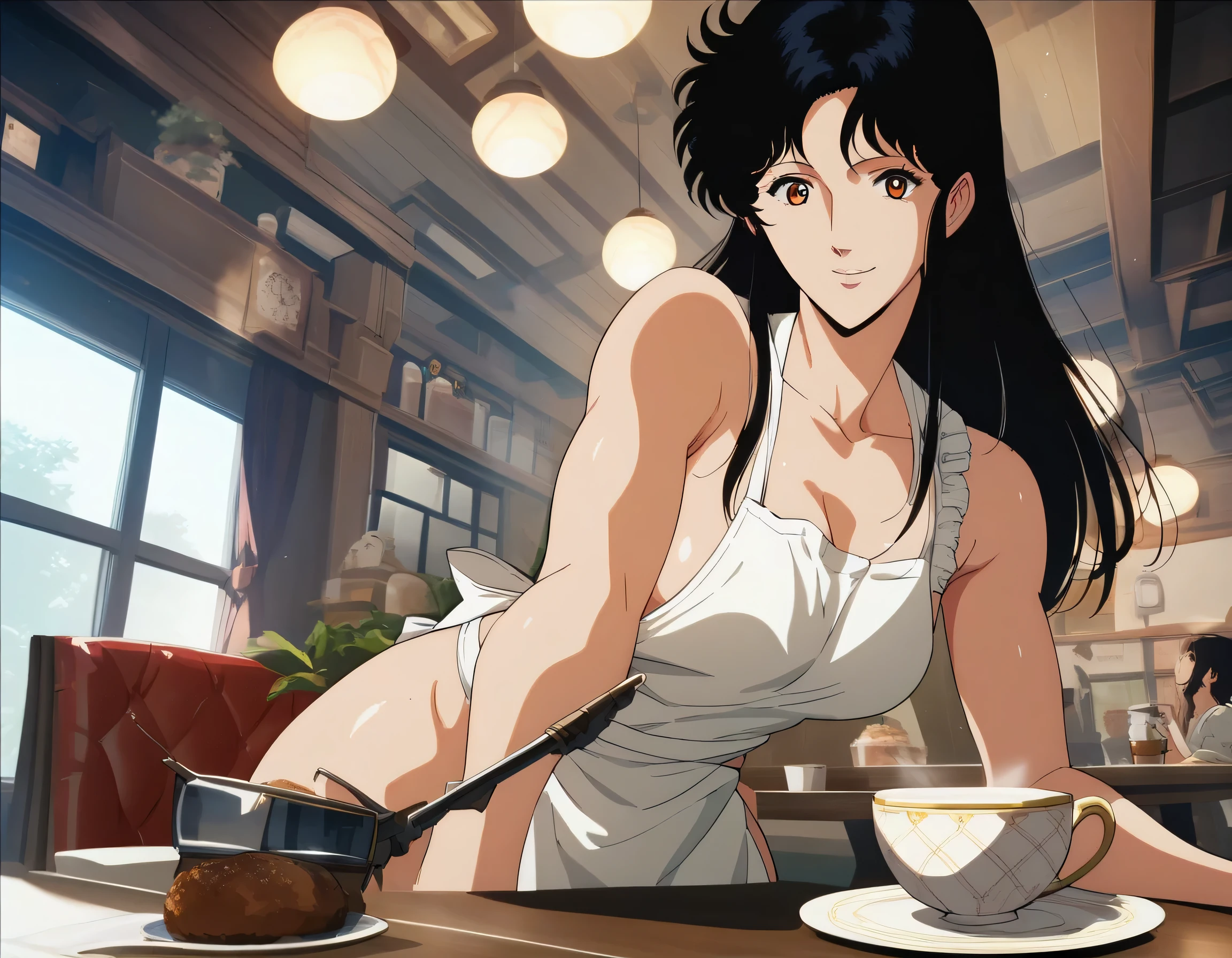  1 girl, fh1to,
 Hitomi Kisugi [Cat's Eye],  apron,nude,only apron,white lace panties,make coffee , smile,  Look Down, At the cafe,  BREAK score_9, score_8_up, score_7_up, score_6_up, score_5_up, score_4_up,  source_Anime,   Cinematic Angle ,official Anime screencap,looking at viewer,detailed eyes,detailed skin,detailed hair,shiny skin,