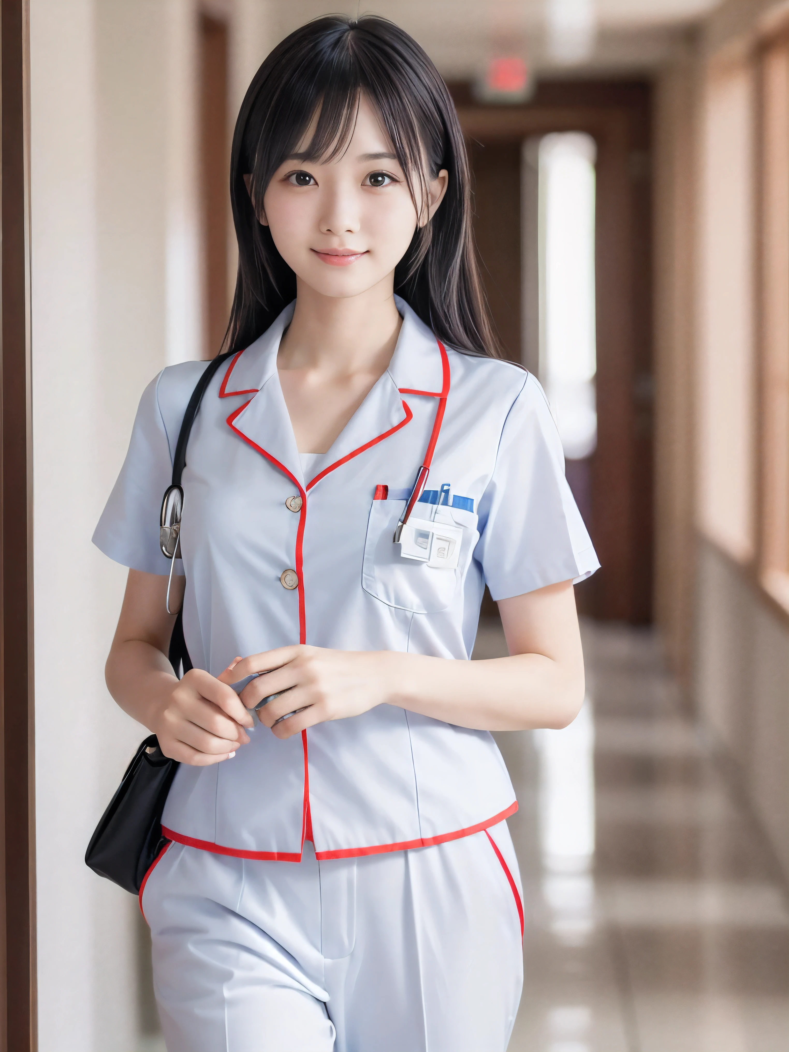 (Close-up face shot of one slender small breasts two side up black medium hair with bangs girl in a white nurse long pants uniform :1.5)、(One nurse is walking with hold the file book in arms in the hospital glass corridor with small smile:1.5)、 (blurred background:1.5)、(High-key photo:1.5)、(Natural light:1.5)、(8k ultra detailed master piece:1.5)、(perfect anatomy:1.5)、(Photorealistic stick:1.5)、(Raw photo:1.3)、(highest quality:1.5)、(High resolution:1.3)、(Delicate and beautiful perfect face:1.3)、(Delicate and beautiful eye air skin:1.3)、(Real Human Skin:1.3)、((thin legs))
