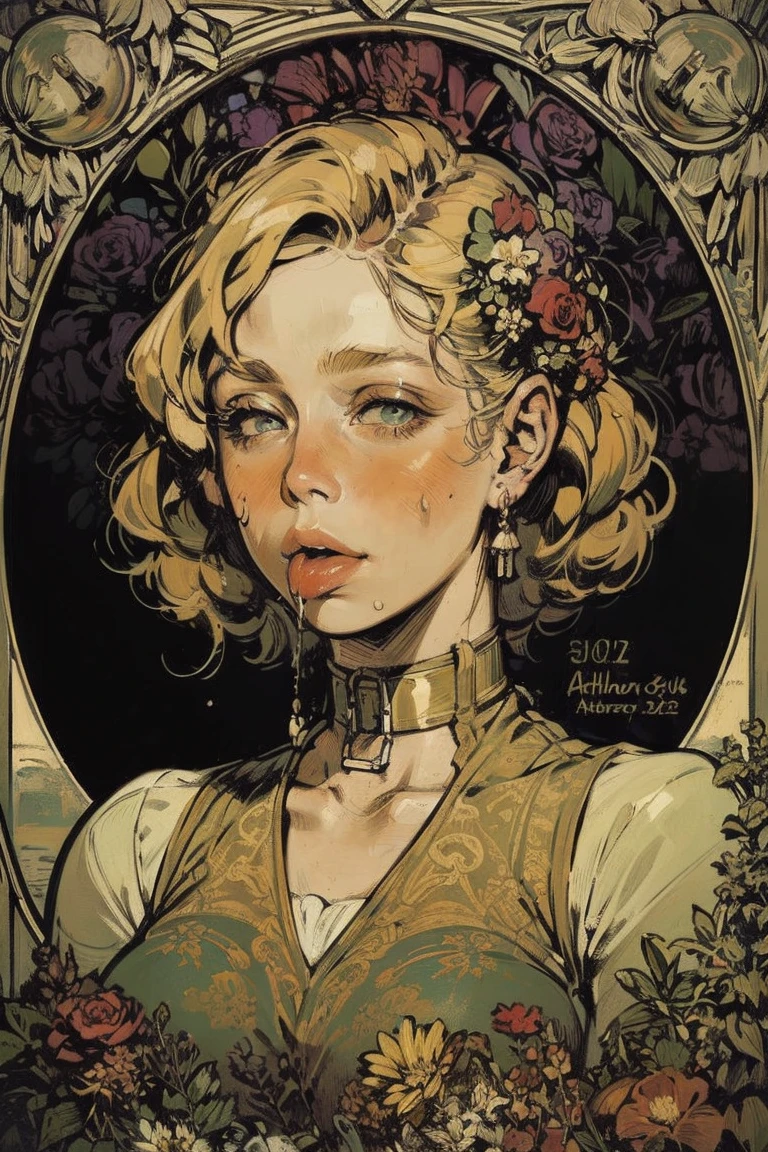 nsfw, masterpiece, Art Deco, Portrait of a European woman's face, long curly hair, blonde alone , flower frame, Decorative panel, Alphonse Mucha (masterpiece, top quality,  high definition  : 1.4),  Details, Intricate  Details , 4K,  color splash  , flower, ( ahehe:1.2), ball gag,  drool 