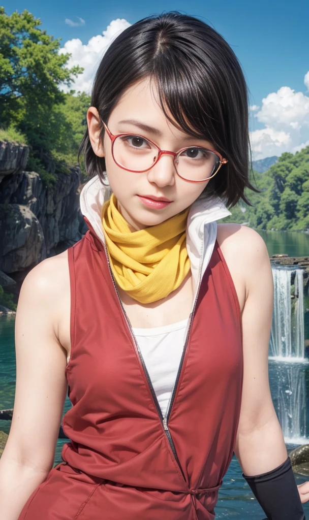 masterpiece, best quality, (realistic,photo-realistic:1.4), (RAW photo:1.2), extremely detailed CG unity 8k wallpaper, delicate and beautiful, amazing,finely detail, official art, absurdres, incredibly absurdres, huge filesize, ultra-detailed,extremely detailed eyes and face,light on face,(little smile),(wearing red framed glasses:1.4),sarada,(black hair:1.4),short hair,(wearing clothes:1.4),(nature background:1.4)