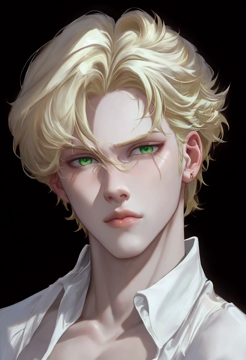 Boy with blond hair and light green eyes, camisa blanca, Attractive Man, Labios pequeños, sharp eyes