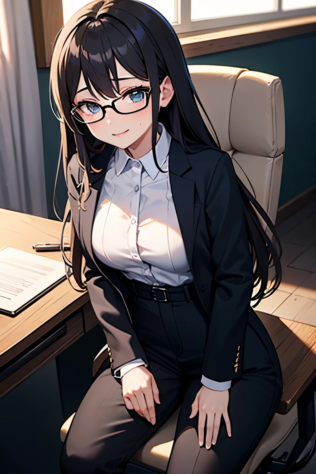 masterpiece, best quality, 1 girl, solo, large breasts, long hair, black hair, gray eyes, office staff suit, jacket, pencil skirt, panties under black pantyhose, (show off panties:1.1), embarrassed, spread legs, sitting, office