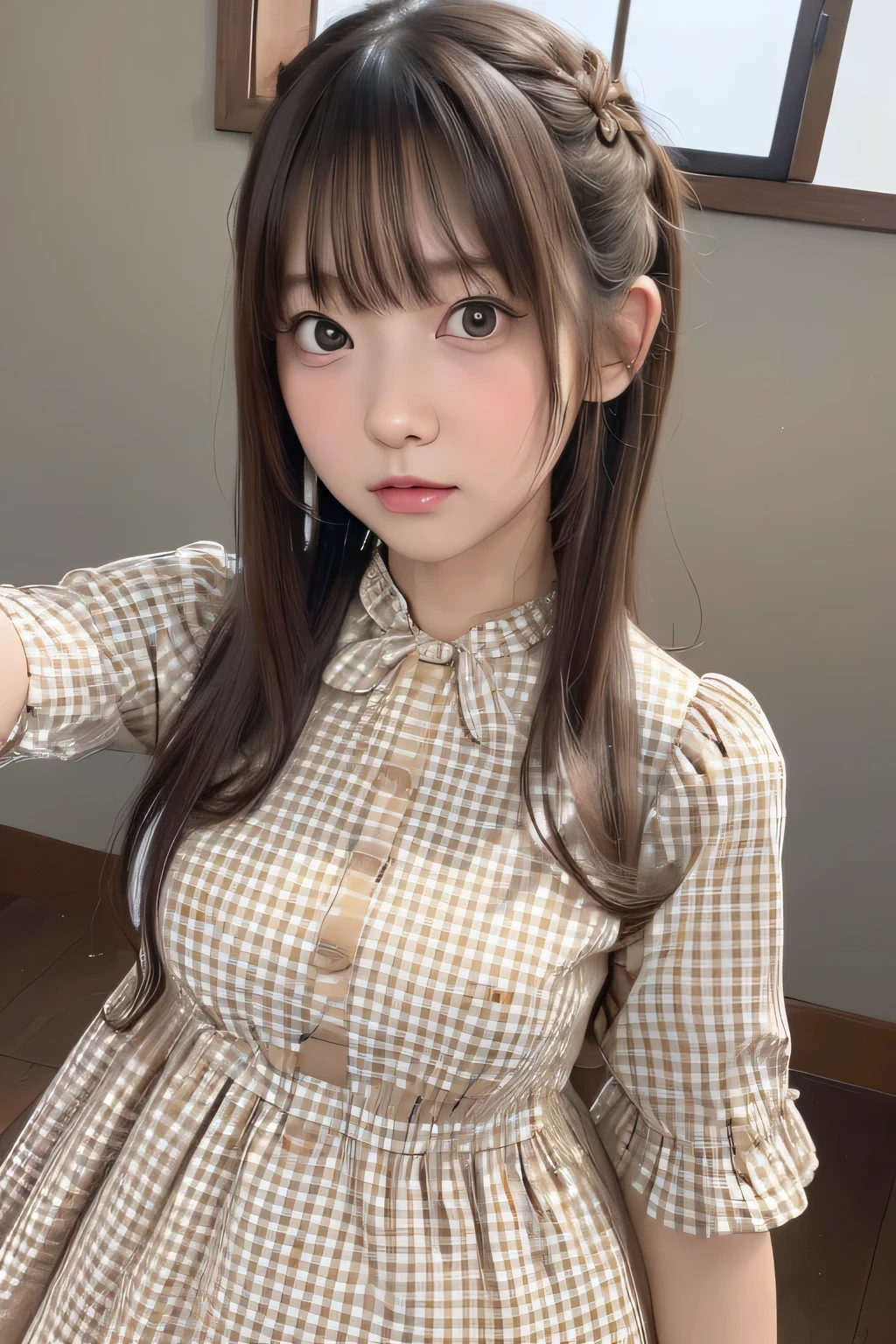  RAW photos 、 Photorealistic、masterpiece、 top quality、 depicted in detail、 super high resolution 、 girl、solo、Crazy Long Hair、(face focus close-up)、Baby Face、 waitress、(beige gingham check dress:1.4)、(kawaii punk:1.3)、Enormous Breasts、Have hair