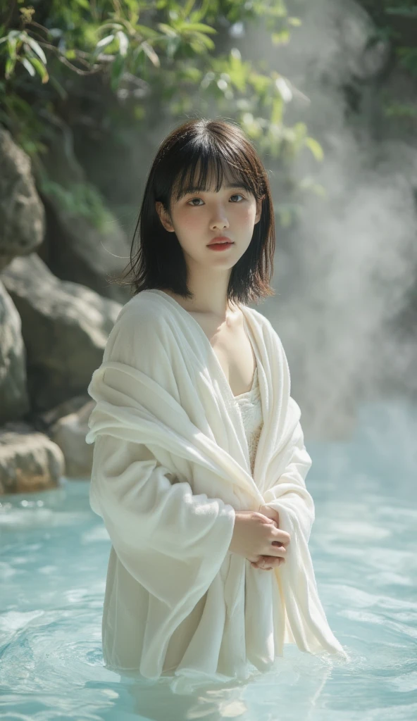 A 15-year-old girl with short black hair, bangs, smiling, a pretty face, and an elegant figure is walking towards the open-air hot spring, and some of her hair is scattered in front of her. Her face is smooth and radiant, and she has a gentle and calm personality. She is wearing a soft white blanket covering her chest as she walks gracefully towards the boiling hot spring. The background is a picture of the green trees and natural rocks surrounding the hot spring, and the mist rising in the cool morning air. This scene creates a calm and relaxing atmosphere.