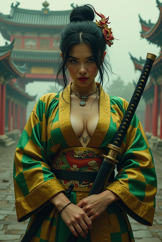 single shot of one 18 year old girl wabori skin, (topless), wearing a hakama, (hand holding a katana), ((posing in front of a temple in a bamboo forest)), perfect boobs, detailed nipples, detailed , yakuza, top view, realistic, photoreal, masterpiece, best quality, cinematic photo of a japanese cartel gangster covered with tattoos, epic lighting, japanese yakuza tattoo, japanese art, japanese culture, sexy, exotic, erotic, ((solo)), serious warrior look in the eyes
