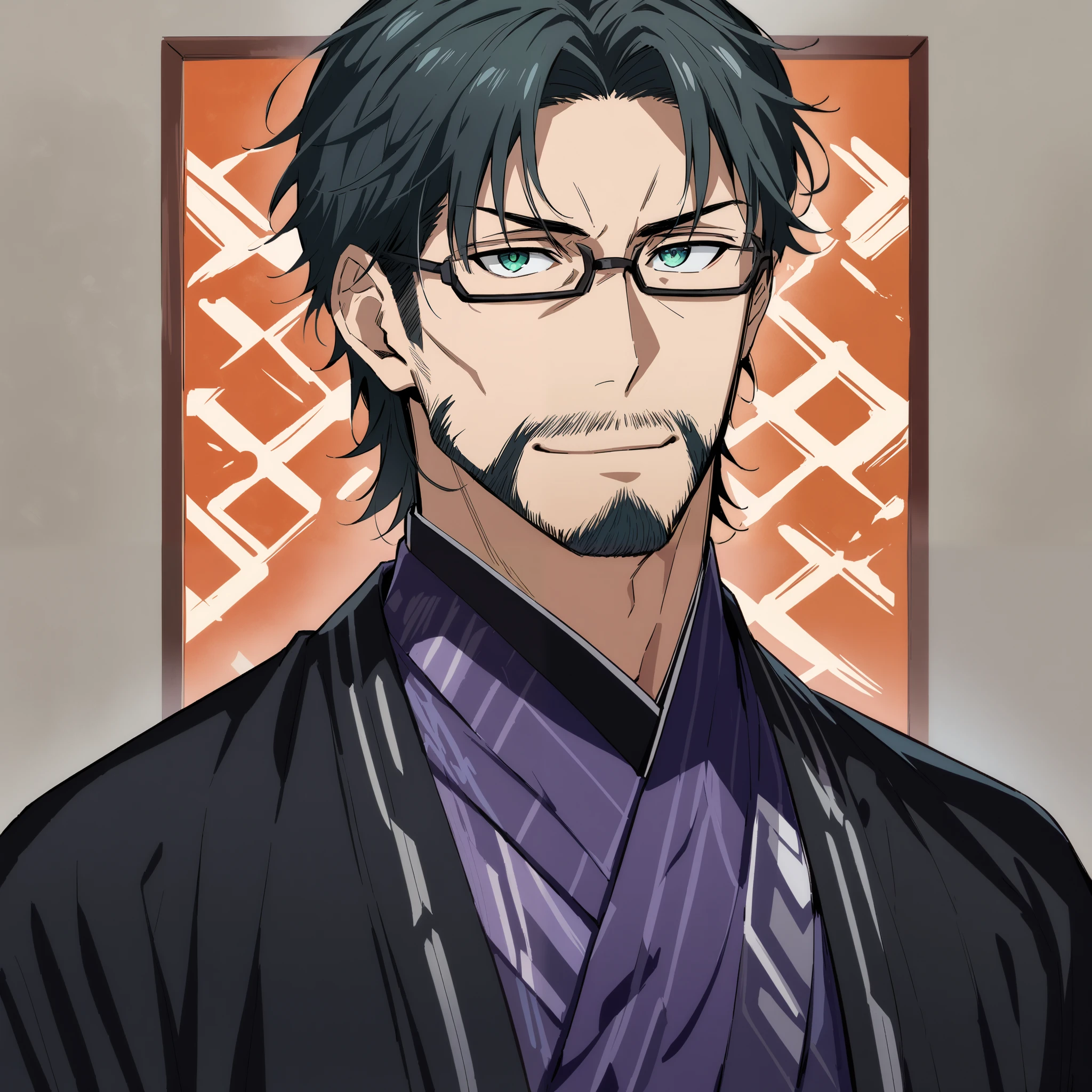 (high-quality, breathtaking),(expressive eyes, perfect face) 1boy, male, solo, adult age, dad vibe, Sword Art Online, Symmetrical Eyes, simple background, gentle smile, medium hair, modern outfit, SAO inspired, japanese outfit, portrait, black color hair, modern living room background, looking at viewer, parent, thin black glasses, beard, facial hair, moustache, green eyes, grey streaks in hair
