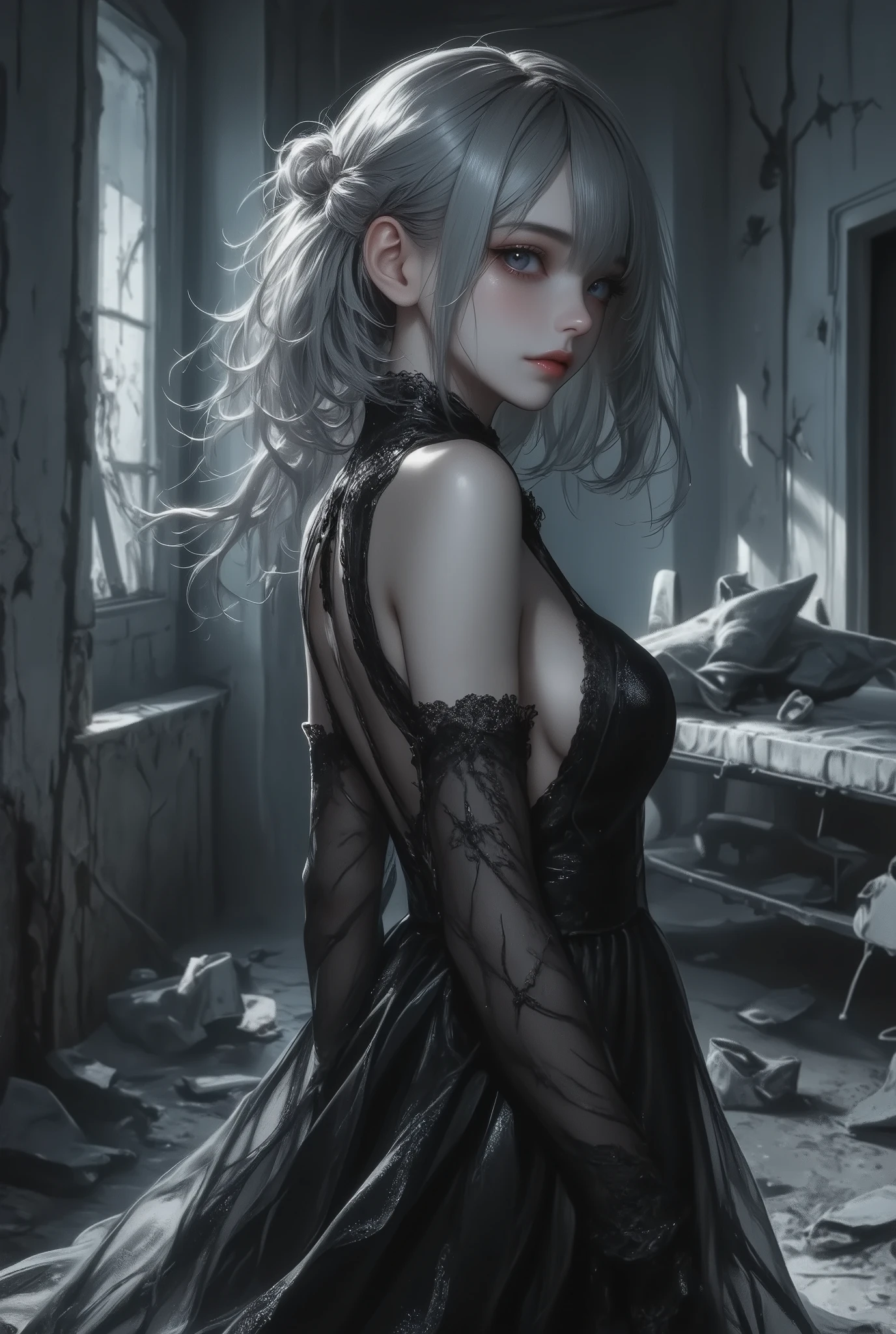 masterpiece, best quality, 8k, highres, ultra-detailed, HDR, UHD, ultra-fine painting,naked girl,fullbody,silver hair,side pony tail hair,girl close up,dark gothic, glowing dark eyes, black dress flowing,faint mist surrounding her, ominous and unsettling, abandoned hospital, cracked walls and floor, broken bed, debris scattered on the ground, dim lighting, eerie atmosphere,  soft light casting shadows, dark gothic and mysterious mood, horror theme, supernatural presence