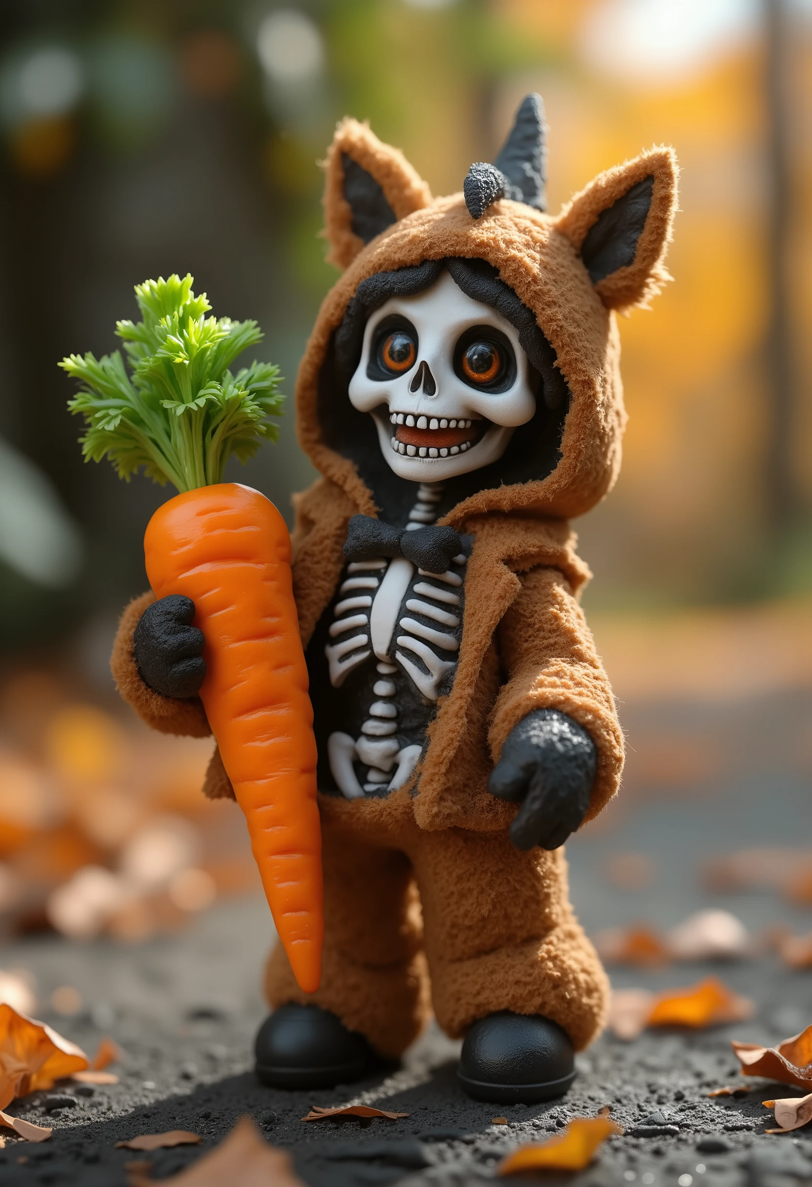 masterpiece, best quality, 8k, highres, ultra-detailed, HDR, UHD, ultra-fine painting, cute illustration style, A cute and quirky figurine of a skeleton wearing a horse costume, holding a vibrant orange carrot with a green leafy top, playful and whimsical design, soft lighting with no background for focus, detailed textures highlighting the costume’s fur and the skeleton's smile, perfect balance of spooky and adorable, suitable for Halloween or novelty themes
