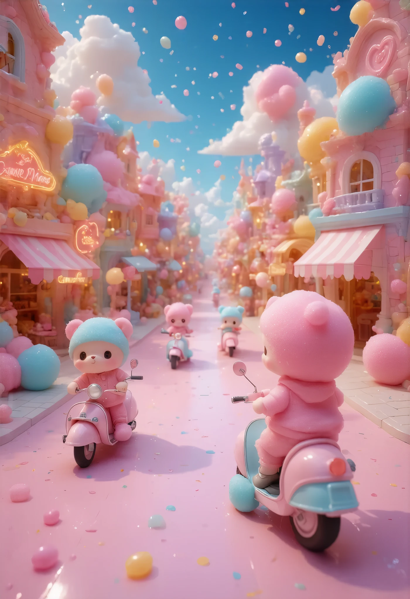 masterpiece, best quality, 8k, highres, ultra-detailed, HDR, UHD, ultra-fine painting, bubblegum pop style, vibrant candy-themed town, streets made of colorful gumdrops, buildings shaped like lollipops and chocolate bars, pop art skies with floating cotton candy clouds, dynamic and cheerful atmosphere, glowing neon signs shaped like candies, giant ice cream cones as street lamps, chibi characters riding gummy bear scooters, fountains flowing with soda, playful and energetic scene, sparkling confetti in the air, vibrant rainbow colors throughout, whimsical and delightful composition, fun and lighthearted mood,