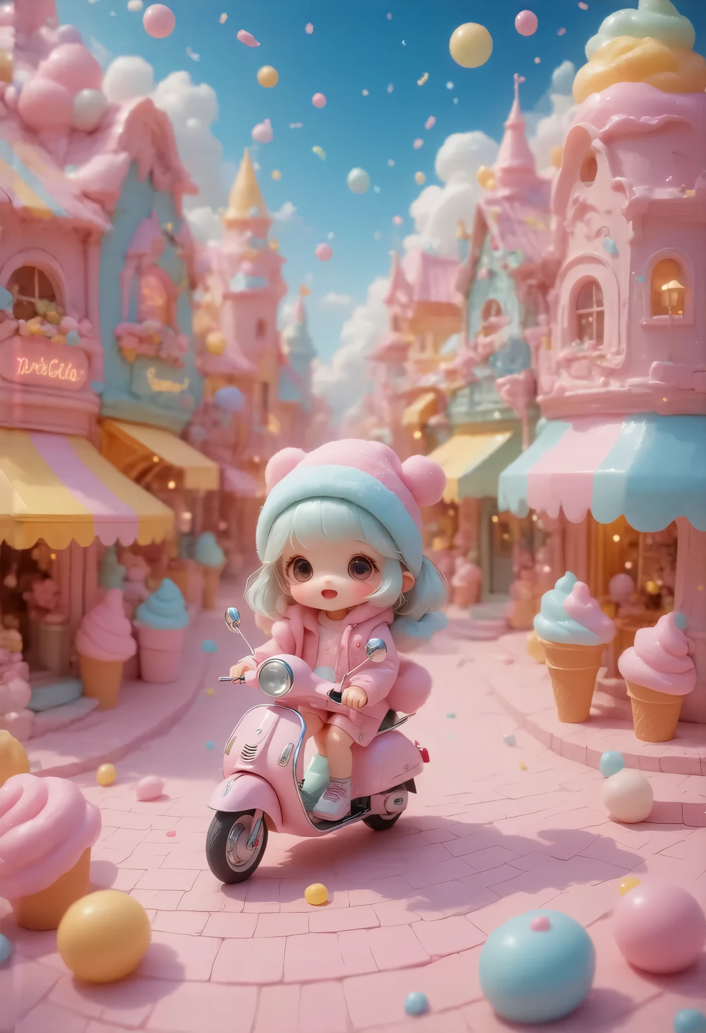 masterpiece, best quality, 8k, highres, ultra-detailed, HDR, UHD, ultra-fine painting, bubblegum pop style, vibrant candy-themed town, streets made of colorful gumdrops, buildings shaped like lollipops and chocolate bars, pop art skies with floating cotton candy clouds, dynamic and cheerful atmosphere, glowing neon signs shaped like candies, giant ice cream cones as street lamps, chibi characters riding gummy bear scooters, fountains flowing with soda, playful and energetic scene, sparkling confetti in the air, vibrant rainbow colors throughout, whimsical and delightful composition, fun and lighthearted mood,