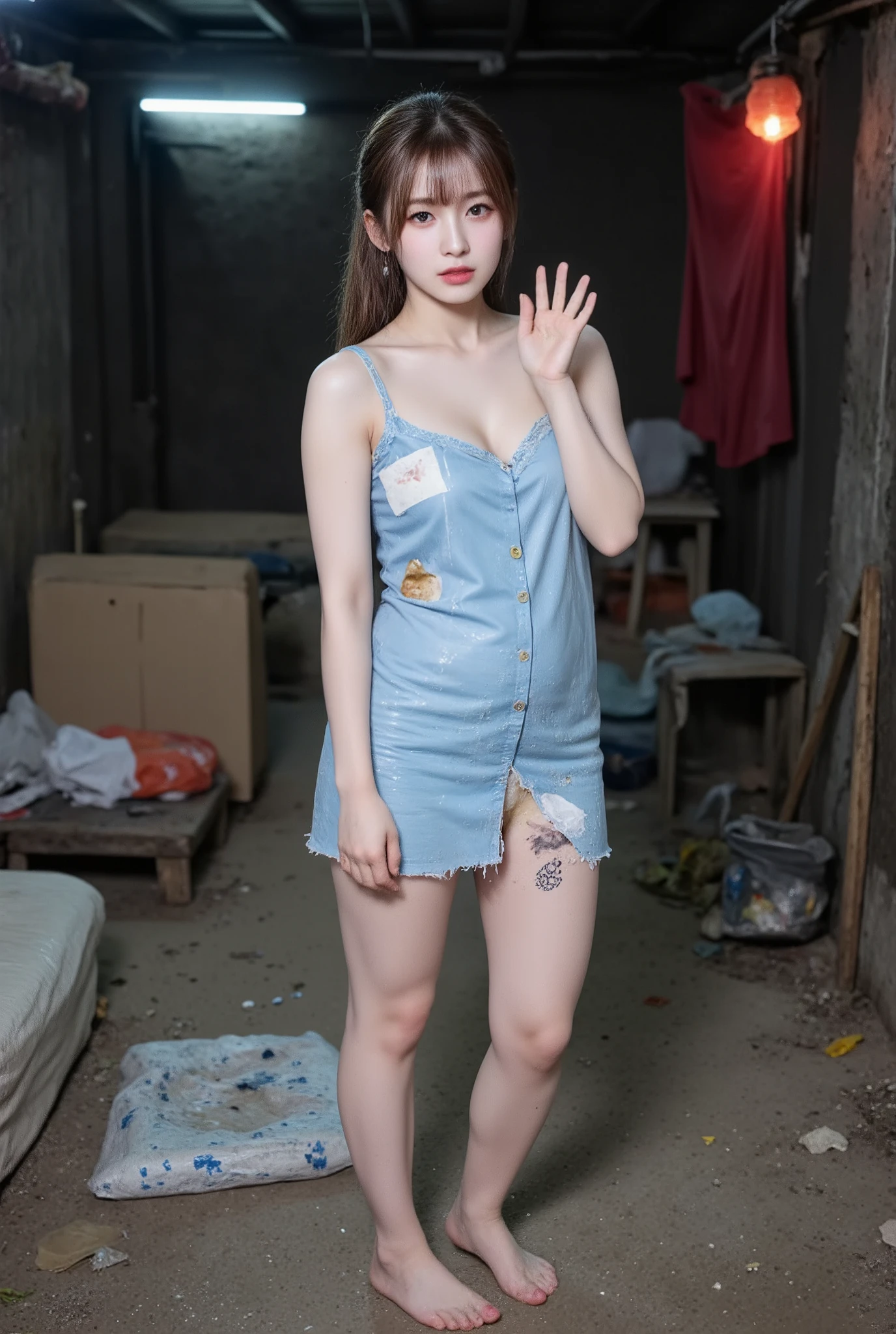 NSFW, mud, dirt, xlr_skin,
realistic, Press photo, Documentary Technique,
hasselblad, 85mm f1.4 zeiss lens, HDR,
(full body visible:1.5),
In this photo she is seen from head to toe,
the ground she is standing on is wet,
facing the camera, looking at the camera,
young korean girl,
pony tail, bangs,
Her face resembles "Arin" from "OH MY GIRL",
arin is Cheap hookers in the slums, poor whore, slutty whore, (very young whore:1.3),
arin is ultimate_beautiful_girl,
she is lowteen,
big round brown eyes,
she has very white skin,
Her skin is very white but covered with numerous scars and bumps,
she has dark brown hair,
her legs is fat,
she height is 153cm,
The light blue miniskirt dress she is wearing is a stage costume from her idol days but it is worn out and very dirty,
her clothes are thin,
Her clothes are old and very dirty,
She is not wearing underwear,
she is not wearing panties,
she is very dirty,
She has a toilet tattoo on her chest,
One of her tattoos is a picture of a poop and is very noticeable,
She is in the early stages of pregnancy,
The bulge in her stomach is still not noticeable,
She has goosebumps all over her body,
Her hair is very dirty,
Her skin is very dirty,
desperation,
She is a slum dweller and is very dirty,
she looks unhealthy,
she prostitutes herself in the slums,
her customers are beggars,
she has many wart,
she has many scars,
Her clothes have a lot of stains,
some of stains are black some yellow some red,
Her clothes are torn in places,
The slums are dark at night,
only the brothel's red lantern glows dimly,
She beckons the men with a blank look on her face,
A room in a cheap apartment in a slum,
extremely small,
windowless,
messy room,
a mattress lying around,
the room full of garbage,
trush, garbage, sluminterior, porn, nude, cum, cum drip, full body, cumrag, cumrag clothes, cumrag object,