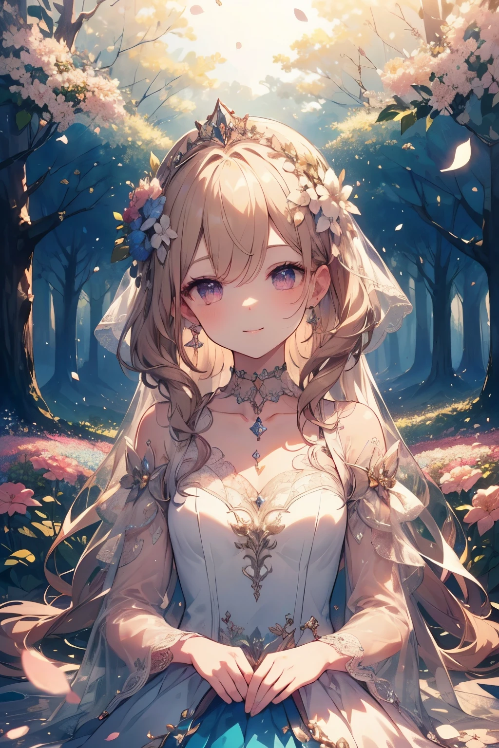 ( top quality, masterpiece,  super detailed,  very detailed with crimson hair,  exquisite, 16k,Full HD),Come a little closer,Golden Ratio,Dramatic lighting, pastel color,Looks fun, flying in the sky, soft lighting , ((alone:1.5)), blue sky,Clear skies, magical forest ,flower,wood,Flower Field,leaves and flower petals dance,the above,((Upper body photo)),Flowers filling the screen,(Fairy Princess, purple eyes,  has long eyelashes, white skin, slim, Light Pink Fleshy Lips ,Pale pink cheeks,  the wind is blowing, blonde alone,Thin and long,(Thin and high nose,small nose),(Huge fairy wings that are slightly above the waist),The magic of flower,flower tiara, diamond earrings ,diamond choker,flower petal-inspired flower-adorned white ball gown dress,  lace and ruffles in sm's room,(smile:1.2), (fantasy,  Romantic atmosphere ), 