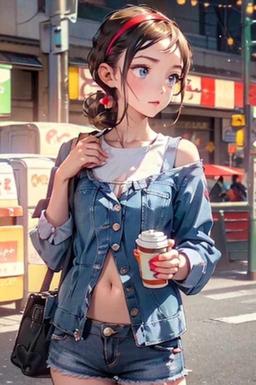 (masterpiece, Best Quality, ultra-detailed, high resolution, extremely detailed CG, official art, Professional Lighting, Perfect Anatomy, anime colors), (from below), looking at viewer, cowboy shot, perfect body, a 24yo beautiful girl, sidelocks, hairband, earrings,medium hips, glamorous body,a small face,beautiful-makeup,Makeup light,dark brown hair, Amazing Cleavage, thin waist, cute ass, Raised sexy, small breast: 1.2 posed cleavage:1.2, (off shoulders,Denimbra,legginullnude), micro denim shorts, bare legs, nail_polish, pale skin, Waiting friend, (morning:1.5), tokyo, (convenience store:1.3), outdoor, (depth of field:1.3), contrapposto, (Hold a coffee in your hand:1.3),delicate beautiful face, Bright blue eyes, cute eyes, sparkling eyes, Big eyes, (perky chest:1.1), (pointed chest:1.3), looking at viewer,
