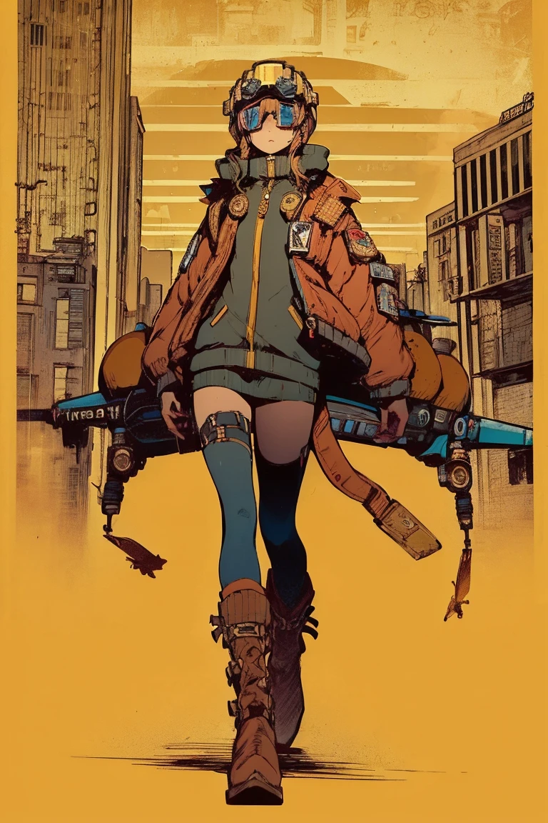 Full body portrait, ( super detailed,  Ultra High Resolution , Detailed Background ),((2D)),(( Flat Color )),((achromatic )), 1girl,1 Solo,  watching viewers,  loose red flight suit ,  large sheepskin colored bomber jacket with steampunk goggles, (big yellow boots ),  Plush Color , Full body portrait, スチームパンクゴーグルを装着, (( baron desert intracat background )), ((Doomsday City)),   Represent the whole body , (( drone next to her )),pop Art Style