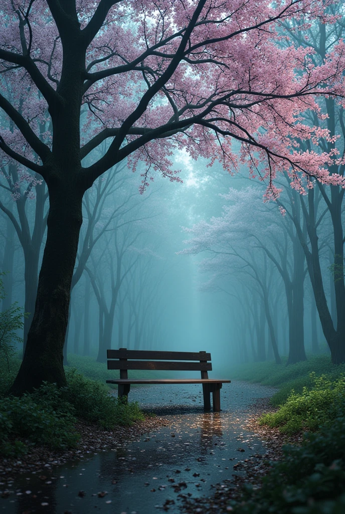 A gentle rain falls on a misty forest, a small wooden bench sits under a cherry blossom tree, petals scattered on the ground, somber piano notes play softly yet poignantly, detailed landscape, detailed foliage, detailed wooden bench, detailed cherry blossom petals, cinematic lighting, muted color palette, dramatic lighting, beautiful lighting, intricate details, lush environment, atmospheric, tranquil, melancholic, (best quality,4k,8k,highres,masterpiece:1.2),ultra-detailed,(realistic,photorealistic,photo-realistic:1.37)