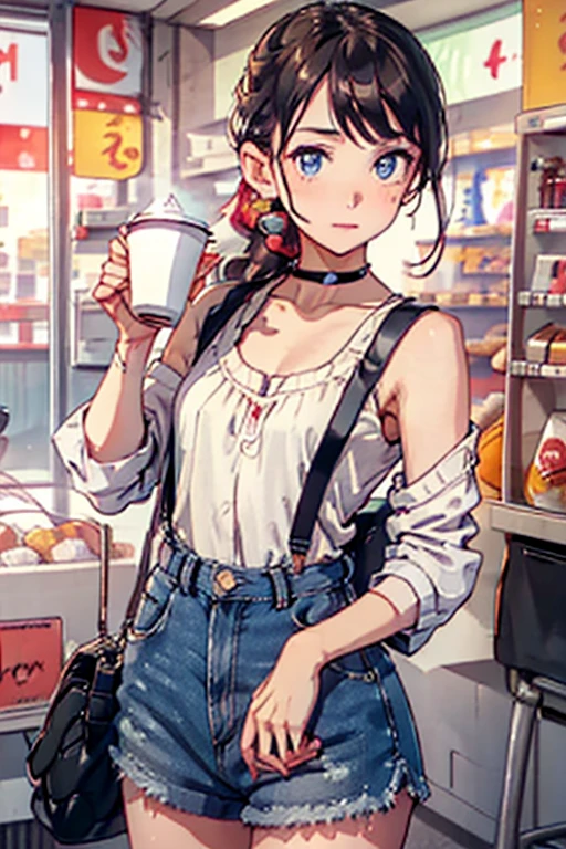 (masterpiece, Best Quality, ultra-detailed, high resolution, extremely detailed CG, official art, Professional Lighting, Perfect Anatomy, anime colors), (from below), looking at viewer, cowboy shot, perfect body, a 24yo beautiful girl, sidelocks, hairband, earrings,medium hips, glamorous body,a small face,beautiful-makeup,Makeup light,dark brown hair, Amazing Cleavage, thin waist, cute ass, Raised sexy, small breast: 1.2 posed cleavage:1.2, (off shoulders,Denimbra,legginullnude), micro denim shorts, bare legs, nail_polish, pale skin, Waiting friend, (morning:1.5), tokyo, (convenience store:1.3), outdoor, (depth of field:1.3), contrapposto, (Hold a coffee in your hand:1.3),delicate beautiful face, Bright blue eyes, cute eyes, sparkling eyes, Big eyes, (perky chest:1.1), (pointed chest:1.3), looking at viewer,
