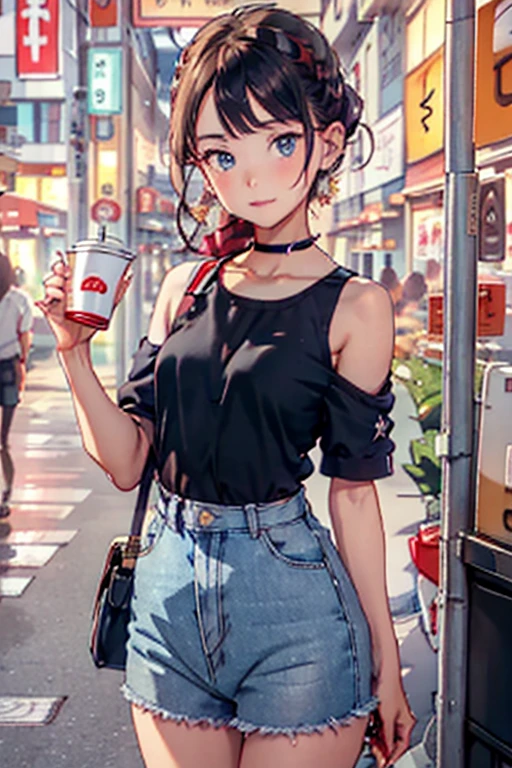 (masterpiece, Best Quality, ultra-detailed, high resolution, extremely detailed CG, official art, Professional Lighting, Perfect Anatomy, anime colors), (from below), looking at viewer, cowboy shot, perfect body, a 24yo beautiful girl, sidelocks, hairband, earrings,medium hips, glamorous body,a small face,beautiful-makeup,Makeup light,dark brown hair, Amazing Cleavage, thin waist, cute ass, Raised sexy, small breast: 1.2 posed cleavage:1.2, (off shoulders,Denimbra,legginullnude), micro denim shorts, bare legs, nail_polish, pale skin, Waiting friend, (morning:1.5), tokyo, (convenience store:1.3), outdoor, (depth of field:1.3), contrapposto, (Hold a coffee in your hand:1.3),delicate beautiful face, Bright blue eyes, cute eyes, sparkling eyes, Big eyes, (perky chest:1.1), (pointed chest:1.3), looking at viewer,
