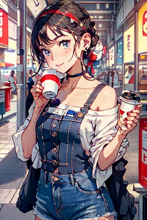 (masterpiece, Best Quality, ultra-detailed, high resolution, extremely detailed CG, official art, Professional Lighting, Perfect Anatomy, anime colors), (from below), looking at viewer, cowboy shot, perfect body, a 24yo beautiful girl, sidelocks, hairband, earrings,medium hips, glamorous body,a small face,beautiful-makeup,Makeup light,dark brown hair, Amazing Cleavage, thin waist, cute ass, Raised sexy, small breast: 1.2 posed cleavage:1.2, (off shoulders,Denimbra,legginullnude), micro denim shorts, bare legs, nail_polish, pale skin, Waiting friend, (morning:1.5), tokyo, (convenience store:1.3), outdoor, (depth of field:1.3), contrapposto, (Hold a coffee in your hand:1.3),delicate beautiful face, Bright blue eyes, cute eyes, sparkling eyes, Big eyes, (perky chest:1.1), (pointed chest:1.3), looking at viewer,
