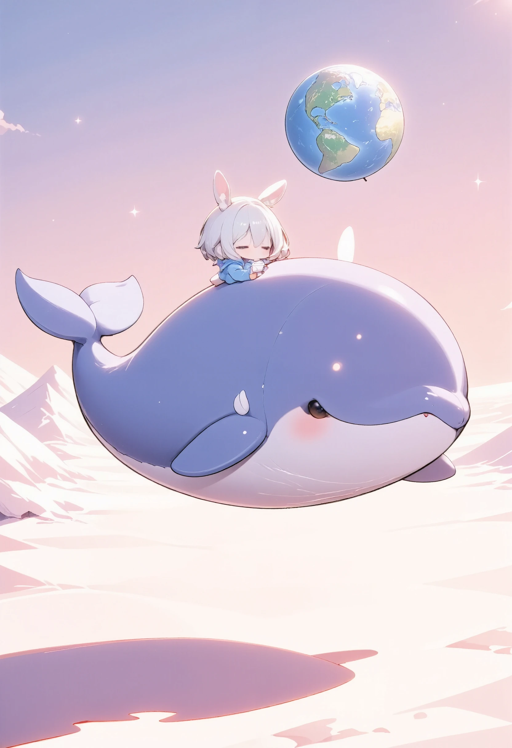 masterpiece, best quality, ultra-detailed, minimal object, chibi, trk,Low Fidelity (lofi) art style, pastel pink and purple tones. A gigantic chibi whale floats gently above the surface of the moon, holding a small book in its flippers. The moon’s surface is soft and minimal, with craters simplified into smooth, pastel-colored dips. The Earth can be seen in the background, a soft blue and green orb hanging in the distance. The whale’s soft pastel colors blend seamlessly with the dreamy, surreal environment. A tiny chibi figure sits on the whale’s back, their back to the viewer, quietly reading along with the whale. The scene is fantastical and otherworldly, creating a sense of calm and wonder.