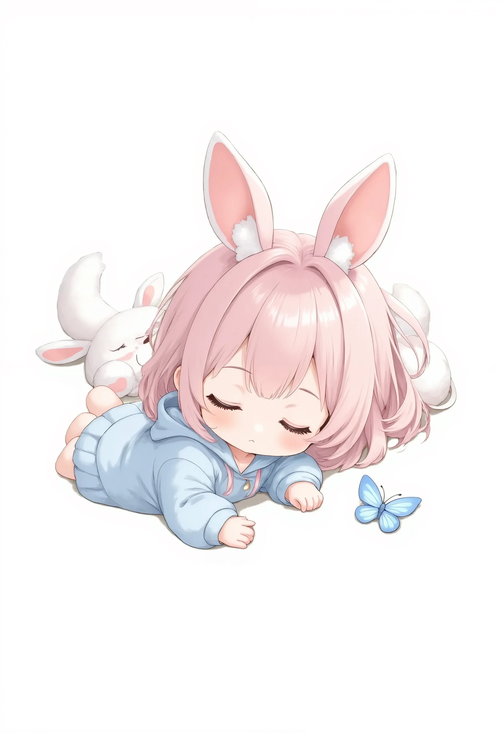 illustration, best quality, pastel,chibi,trk, back view, 1girl, pink hair, cat ears, cat tail, lying down, looking at blue butterfly, white background, cute and playful atmosphere, paw-like feet, simple composition, soft colors, gentle and relaxing scene, subtle shading