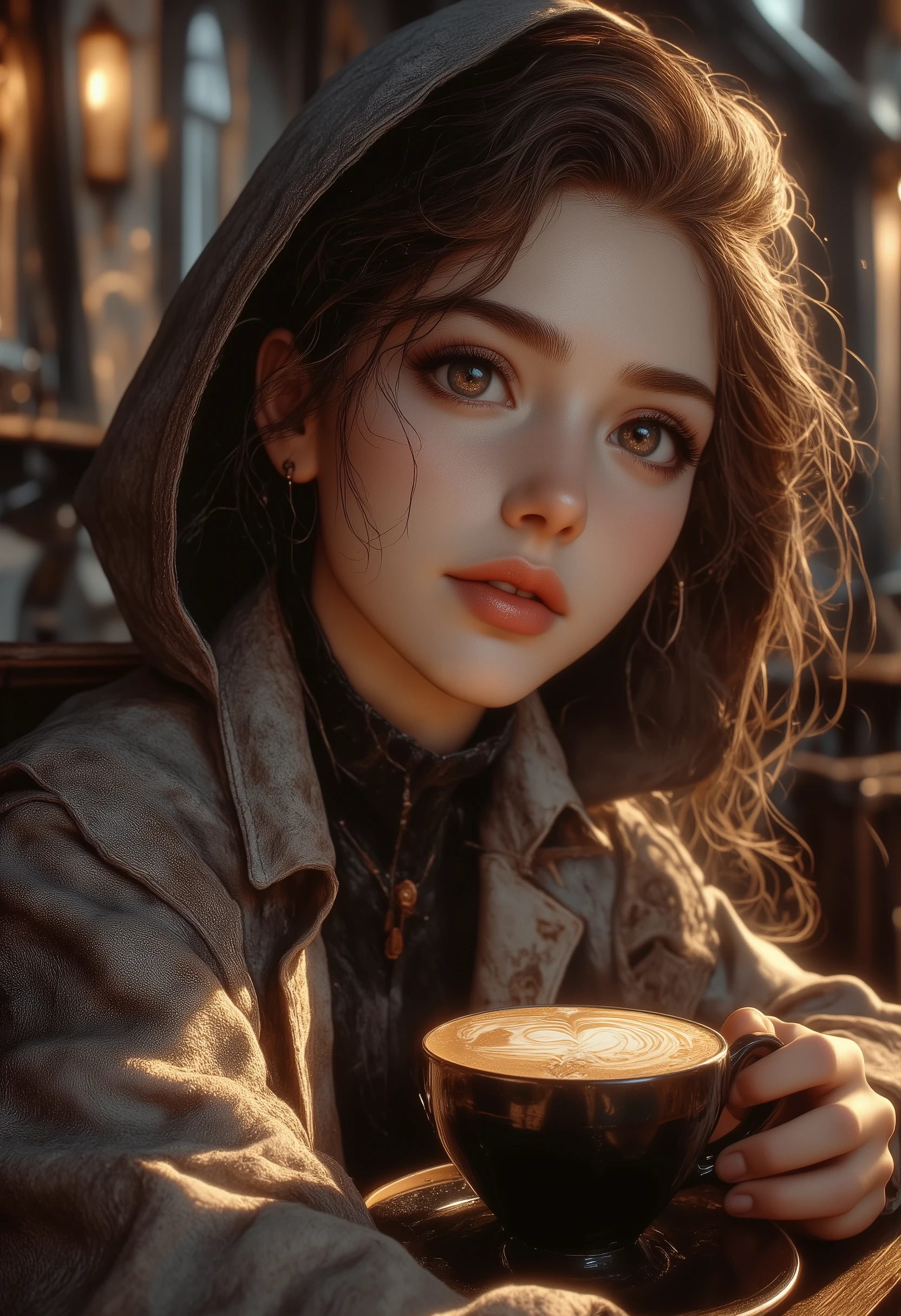 A beautiful woman with beautiful eyes:1.2, detailed eyes, beautiful full pink  lips, highly detailed killer  eyes and faces, long eyelashes, cute expression, smile, sitting:1.4, holding a cup of hot latte.  ,france   warm light, detailed lighting ,