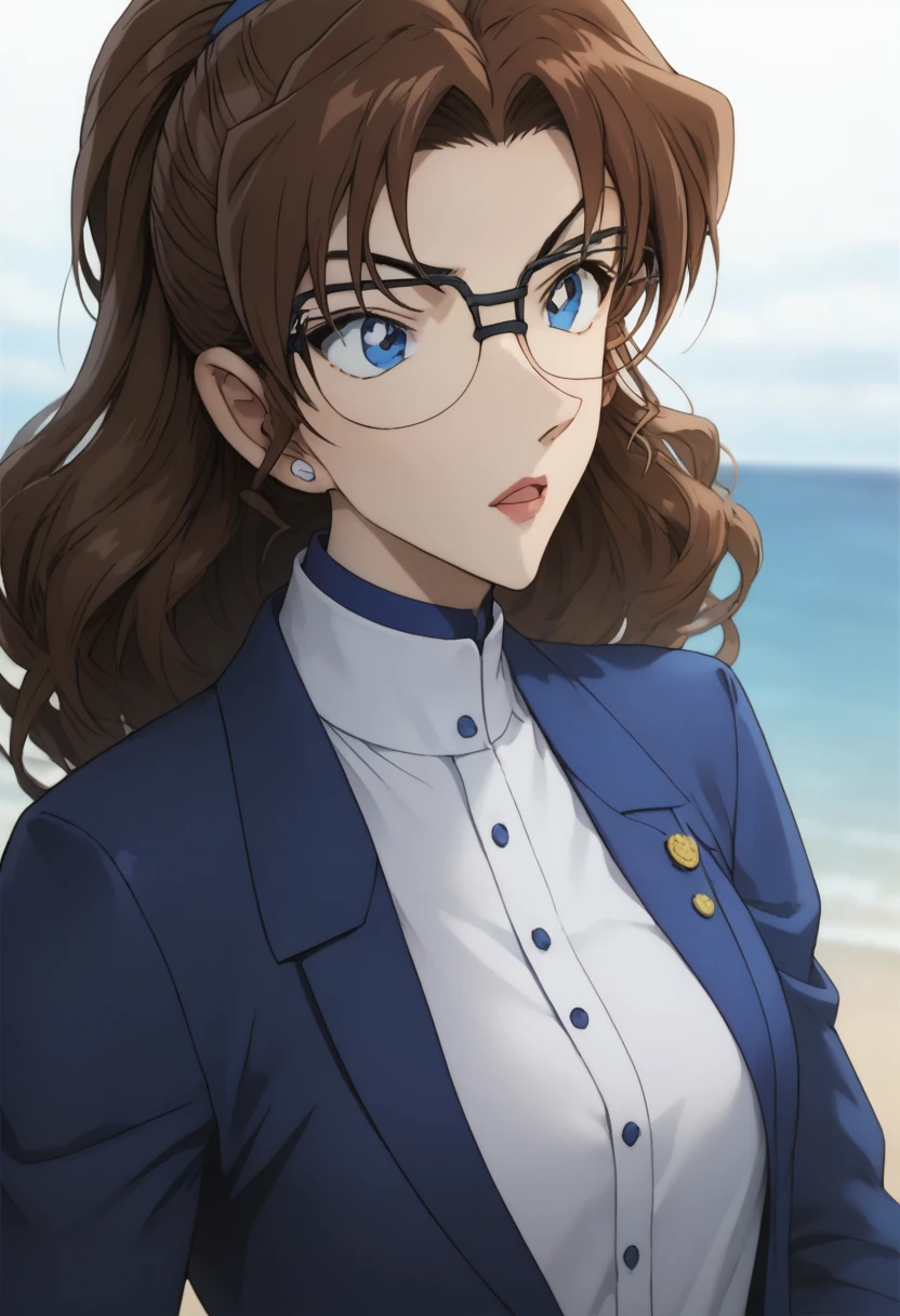 (( top quality )), (( Masterpiece)), (Familiar with),  perfect face, 1 girl,  Background Converter, sea, Big eyes, Detective Conan, Eri Kisaki,  brown hair ,  blue eyes , Put on big glasses , White of the eye,  Sparkling Glitter, White Short Skirt ,  black shirt,  Blue Long Sleeve Outerwear , Belted Stockings 