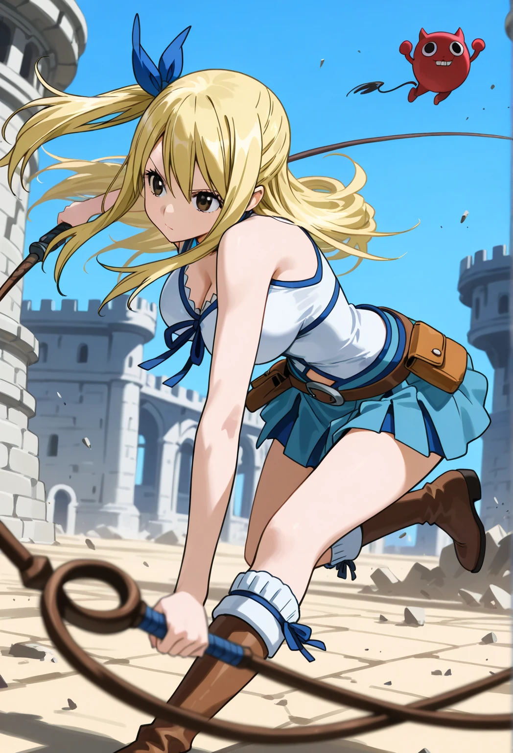  ultra-realistic pictures  、  RAW photo 、  realism、  3d rendering、 Unity Engine , break 1young girl,Alone,Alone, Lucy Heartfilia,  Lucy Heartfilia,Alone,Alone, Lucy Heartfilia,solo , Blonde ,  brown eyes ,  long hair, One side up, ribbon, 髪 ribbon, 青いribbon,  skirt ,  shirt,Bare Skin,(Big Breasts:0.7) ,  boots,  Sleeveless, 青い skirt ,  Sleeveless  shirt, 白い shirt, zipper,break (throw:1.1), skirt をはためくbreak,風になびく skirt ,fighting with whip,battling in a ruined castle, enemy, intense battle, blue sky, action, break 