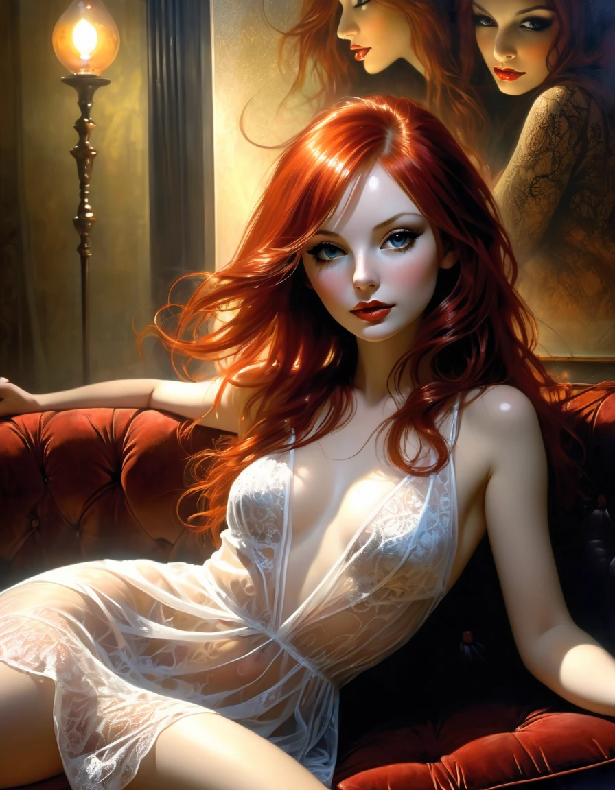 The sexy and dark art of seduction, elegant, long orange hair, bra, on a couch, very sexy and erotic, dim light (art inspired by Bill Sienkiewicz). oil painting) (best quality, 4k, 8k, high resolution, masterpiece: 1.2), ultra-detailed, (realistic, photorealistic, photorealistic: 1.37), intricate details, vivid colors, sharp focus, professional, artwork by Dave McKean , oil touch of surrealism, oil painting style
