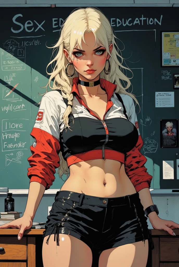 illustration, adult content, nsfw, illustration of a stunningly beautiful 20yo girl in school, best quality, school sweater cropped, underboob, massive breasts, standing in front of a blackboard where it is written in chalk "Sex Education" spelled correctly, beautiful lighting,  wearing  avery short skirt,, wearing cropped red and white top with underboob, choker, bleached blonde hair in braids, blue eyes, huge hoop earrings, bimbo aesthetic, the pit comics, wearing black and red clothes, huge lips, looking at the viewer with a sultry look, seductive smile, sexually suggestive