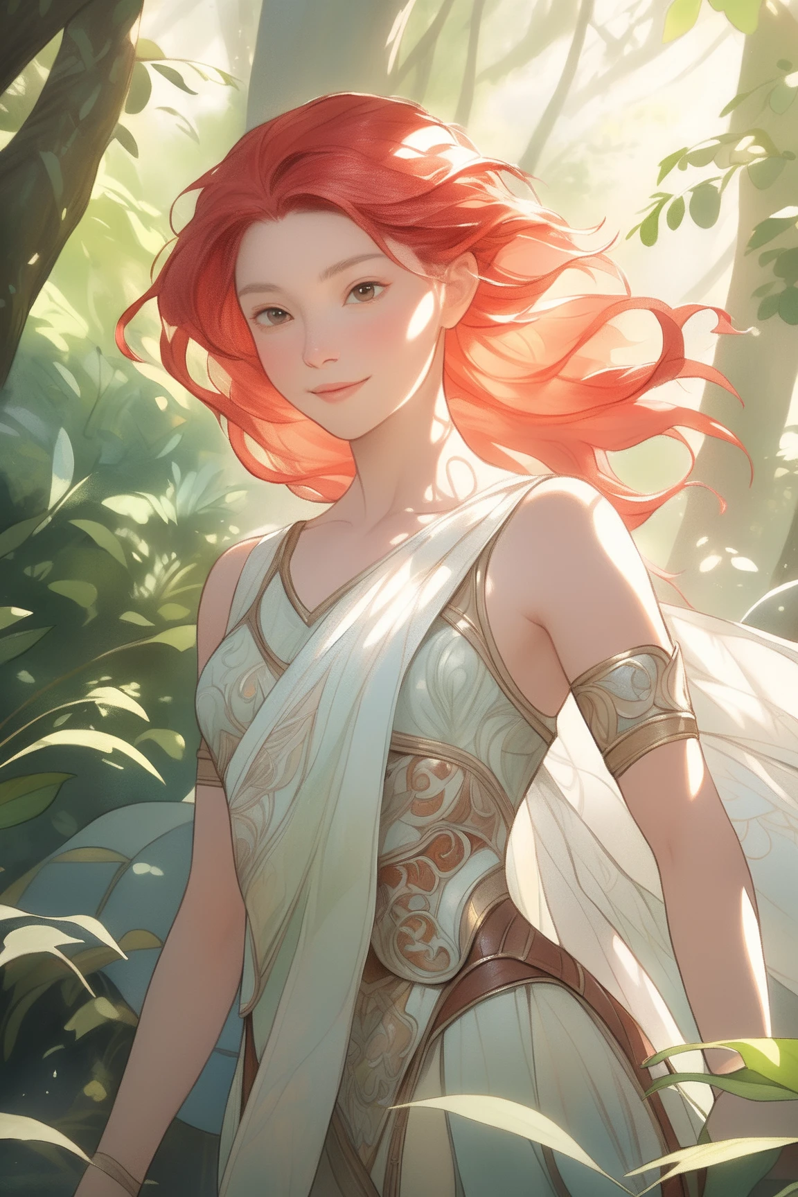 A young, cheerful woman with short, vibrant red hair, large bust, wearing form-fitting fantasy-inspired leather armor that suggests agility and freedom of movement, smiling confidently, standing in a lush, sunlit forest with soft rays of light filtering gently through dense foliage, Japanese animation tone, acrylic watercolor painting style, hyper-detailed facial features, intricate linework, vibrant pastel color palette, subtle shading, delicate brushstrokes, exquisite textures, hand-painted feel, ultra-sharp focus, 8k UHD, extremely realistic lighting, cinematic framing, atmospheric depth, polished and refined composition, professional illustration quality, masterpiece-level detailing, no unwanted artifacts, perfect anatomy and proportions, slightly dynamic pose, visually striking contrast, aesthetically pleasing balance, impeccable rendering of materials, natural skin tones, subdued background elements that enhance subject focus, premium-grade illustration, vibrant yet harmonious hues, hint of gentle breeze indicated by slight movement in her hair, graceful and confident demeanor