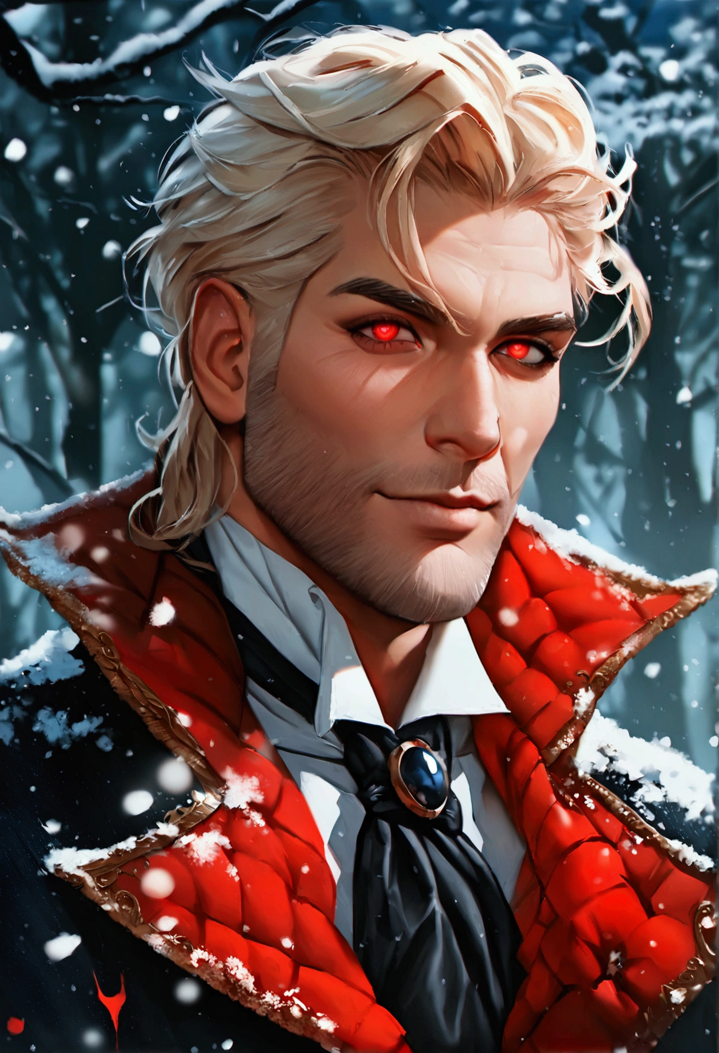 one man, gallantic, masculine, single-person, middle-aged man, handsome, vampiric aura, 58 year old, blonde hair, quiff sides and tape hairstyle, shining bloody eyes, friendly smile, pale white skin, more prominent muscular body, larger muscles, bodybuilder bodyshaped, more prominent muscular legs, black suitcoat, red robe, black wide trousers, snowy midnight, looking at viewers, realistic quality, ultra-realistic style, hyperrealistic, hyperdetail, aesthetic, dreamy, HD, High Quality, masterpiece, best quality, 8k resolution 