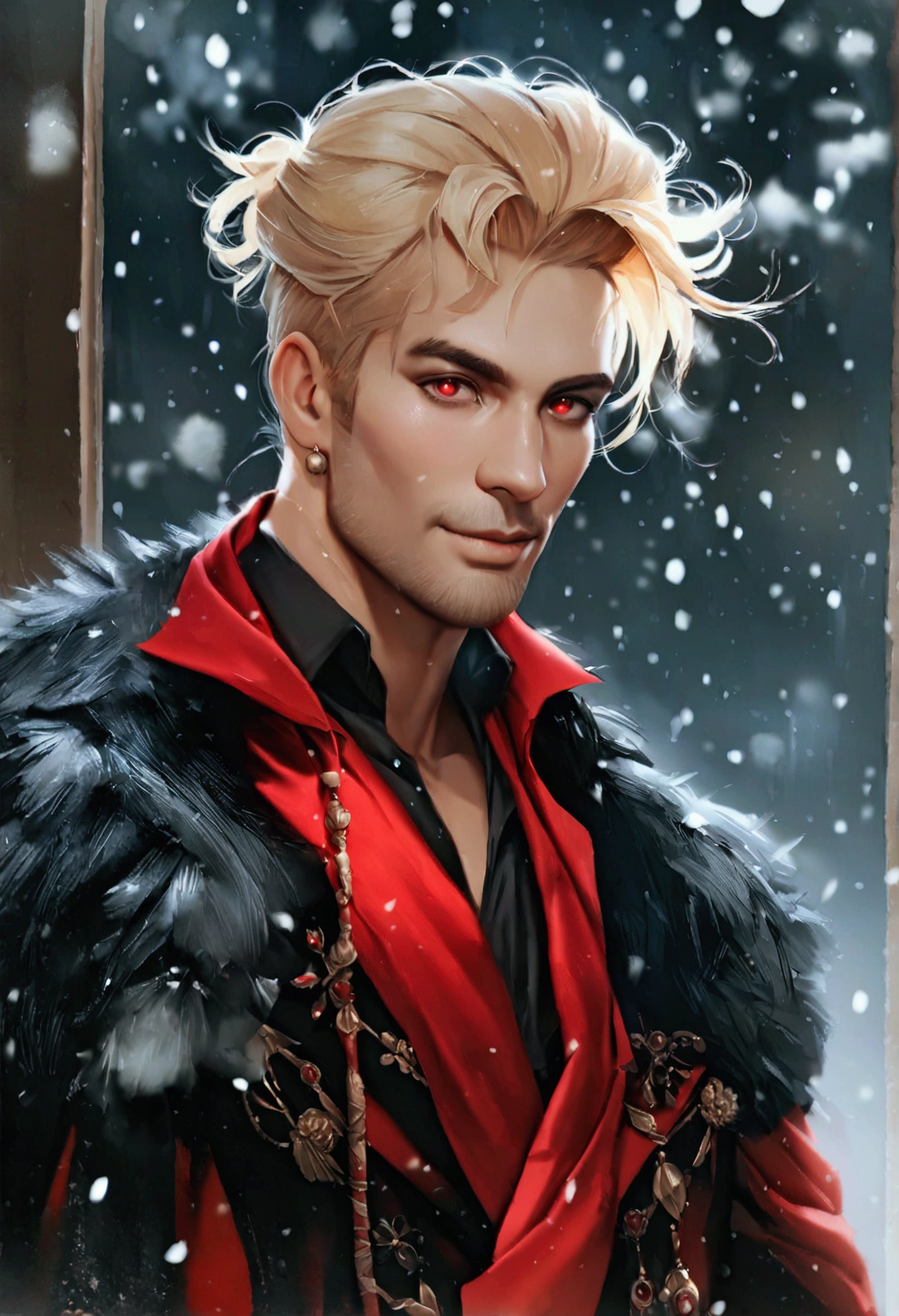 one man, gallantic, masculine, single-person, middle-aged man, handsome, vampiric aura, 58 year old, blonde hair, quiff sides and tape hairstyle, shining bloody eyes, friendly smile, pale white skin, more prominent muscular body, larger muscles, bodybuilder bodyshaped, more prominent muscular legs, black suitcoat, red robe, black wide trousers, snowy midnight, looking at viewers, realistic quality, ultra-realistic style, hyperrealistic, hyperdetail, aesthetic, dreamy, HD, High Quality, masterpiece, best quality, 8k resolution 