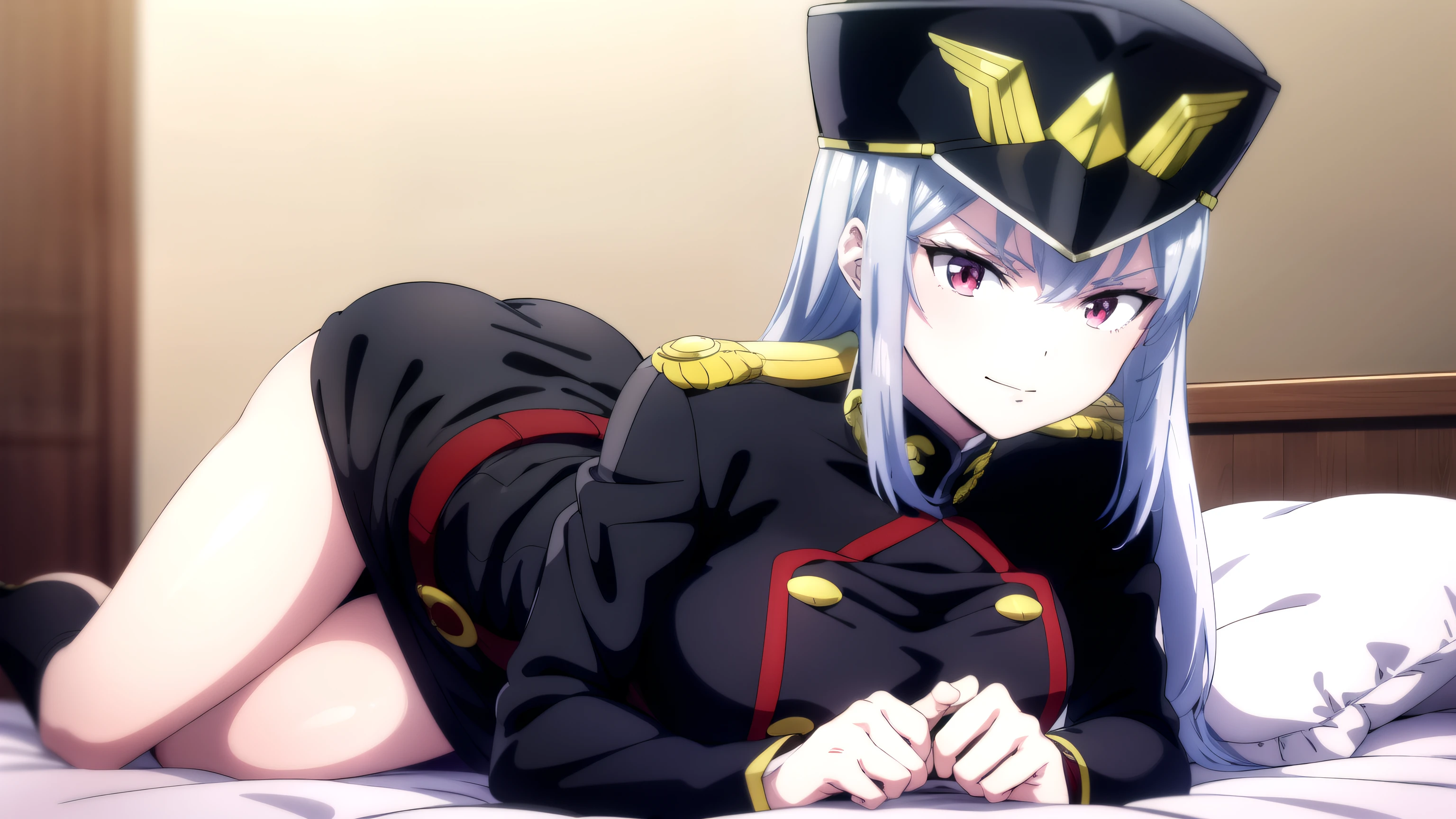 anime background art,   bottom of the room  ,   one bed  ,   Duration  ,   beautiful anime scenes  ,   4k anime art wallpapers  ,   4k anime art wallpapers  ,   Global coverage has grown ,  anime girl , 1 girl, LORA-like  ,   high quality ,   in detail, One,   Looking at the viewer , mouth closed,   ulybka, military hat,   definition in the eye  ,   perfect face,  lying on bed,   perfect face,  perfect hair ,   grey hair,   red eyes ,  unbuttoned military suit  ,   Looking at the viewer ,  big ,  big ass. Shows off her big naked ass to a viewer.   without panties. smirk on face.
