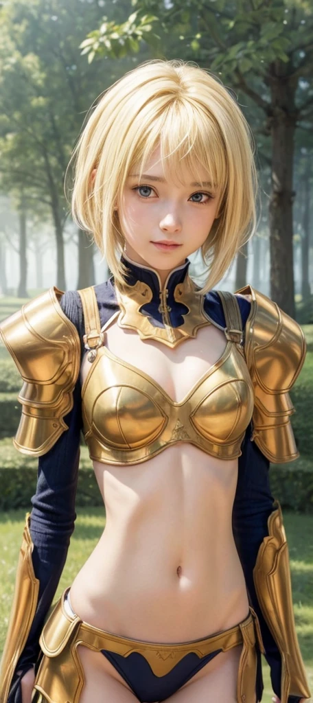 A young female warrior with medium-length yellow hair, yellow eyes, wearing yellow armor, and holding a horn. The scene is photo realistic, 8k quality, masterpiece, High Resolution, High Quality.