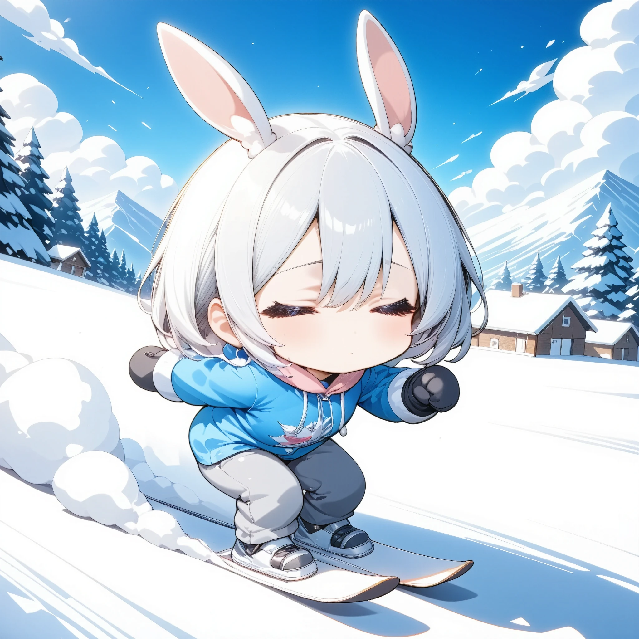 Snow sprint , chibi、1girl,trk、Snowwear、 ski stock in both hands、 forward leaning position、Glide down a slope 、 rabbit ears from head ,Speed、Blur、Afterimage、 skis roll up snow