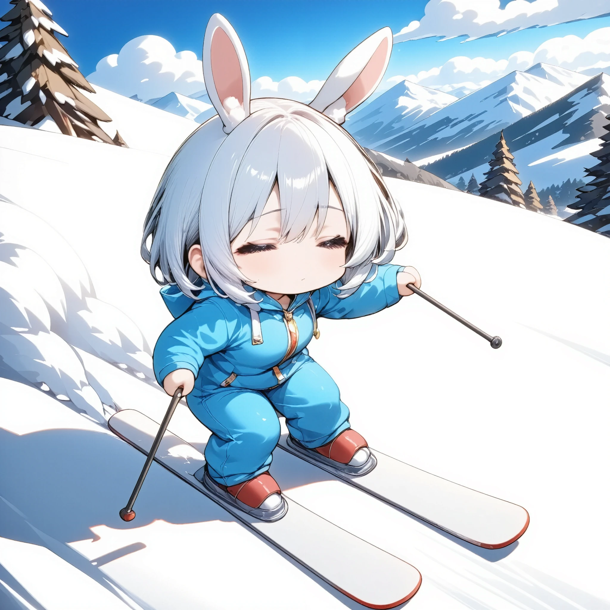 Snow sprint , chibi、1girl,trk、Snowwear、I'm holding a ski stock in both hands、 forward leaning position、Glide down a slope 、 rabbit ears from head ,Speed、Blur、Afterimage、 skis roll up snow