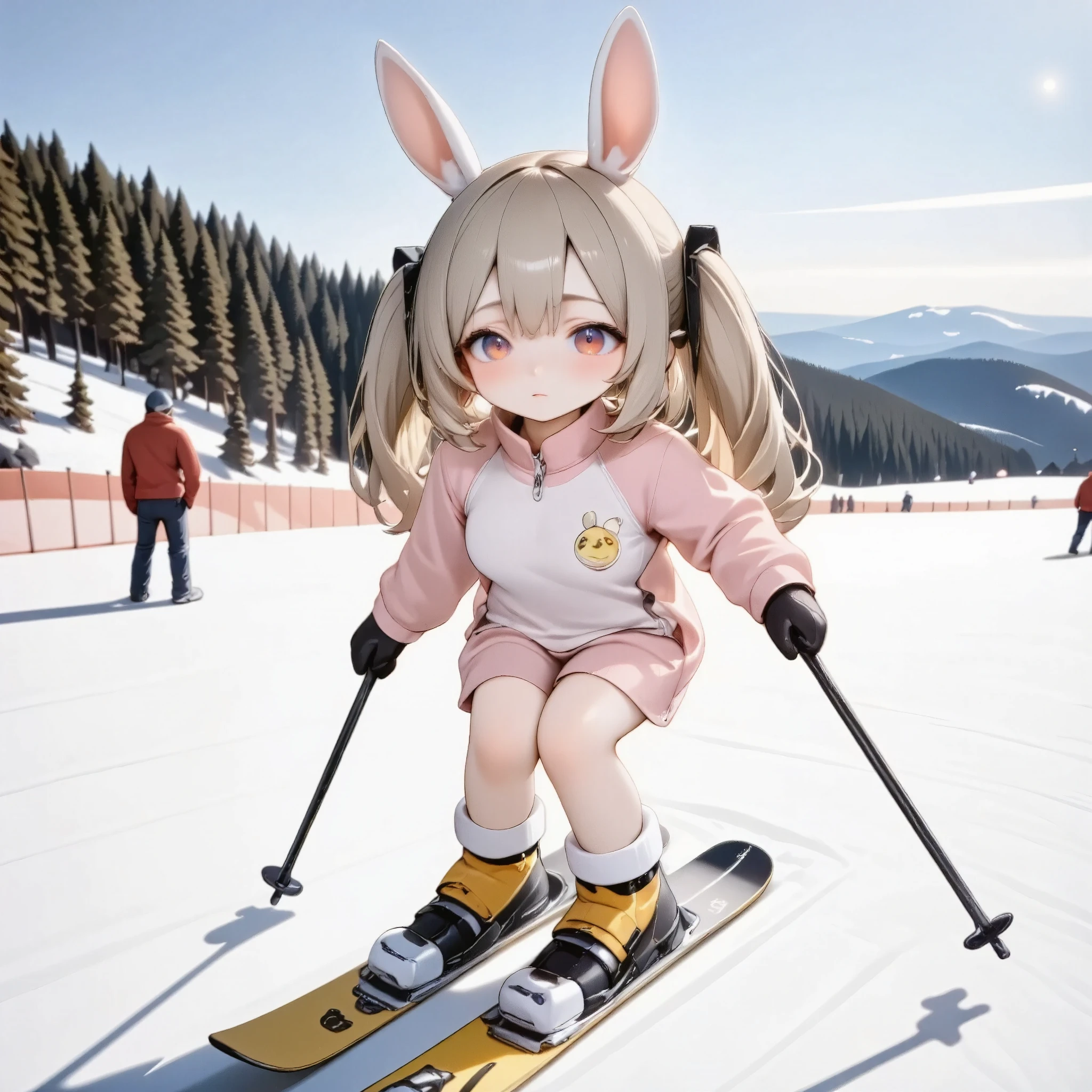 chibi、jirai-kei girl,solo、Snowwear、Looking Ahead、Hold the ski stock in both hands、 forward leaning position、Glide down a slope 、 rabbit ears from head ,Speed、Blur、Afterimage、Wear bananas on your feet 、 bananas roll up snow、trk,