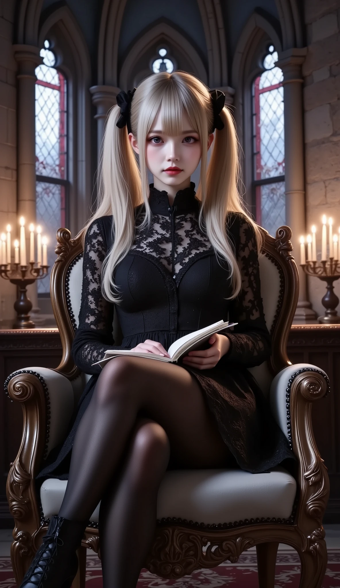 photo Realism style, digital painting, best quality, high detail, 1girl,solo,twin tail, bright hair color,fair skin,(false smile, empty eyes), gothic lolita fashion, black lace dress, black thigh-high stockings, black high-heeled boots, sitting pose on an ornate gothic chair, legs crossed, right hand holding a open thin notebook, a blank page with "Terika" written in the upper left, showing the notebook to the viewer,relaxed and confident expression, dimly lit environment, dark gothic background, intricate stone archways, stained glass windows with crimson and violet hues, flickering candles, shadows cast across the scene, subtle glowing light accents,BREAK, chromatic aberration, glowing light, anatomically correct, textured skin, super detail, UHD