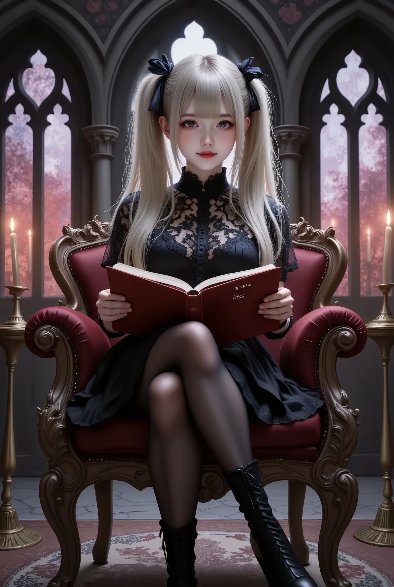 photo Realism style, digital painting, best quality, high detail, 1girl,solo,twin tail, bright hair color,fair skin,(false smile, empty eyes), gothic lolita fashion, black lace dress, black thigh-high stockings, black high-heeled boots, sitting pose on an ornate gothic chair, legs crossed, right hand holding a open thin notebook, a blank page with "Terika" written in the upper left, showing the notebook to the viewer,relaxed and confident expression, dimly lit environment, dark gothic background, intricate stone archways, stained glass windows with crimson and violet hues, flickering candles, shadows cast across the scene, subtle glowing light accents,BREAK, chromatic aberration, glowing light, anatomically correct, textured skin, super detail, UHD