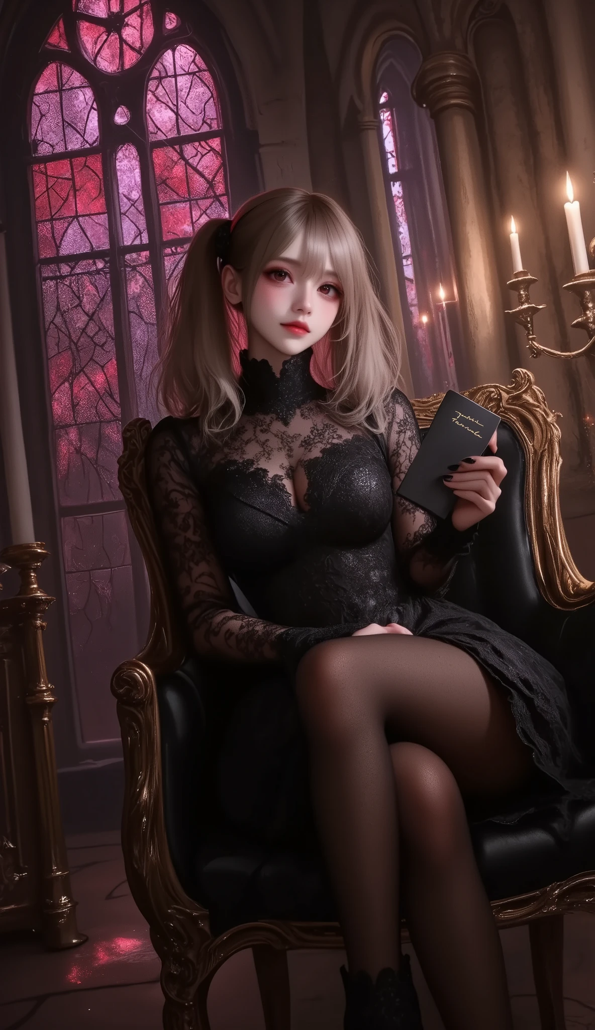 photo Realism style, digital painting, best quality, high detail, 1girl,solo,twin tails, bright hair color,fair skin,(false smile, empty eyes), gothic lolita fashion, black lace dress, black thigh-high stockings, black high-heeled boots, sitting pose on an ornate gothic chair, legs crossed, right hand holding a open thin notebook, a blank page , "Terika" written in the upper left, showing the notebook to the viewer,relaxed and confident expression, dimly lit environment, dark gothic background, intricate stone archways, stained glass windows with crimson and violet hues, flickering candles, shadows cast across the scene, subtle glowing light accents,BREAK, chromatic aberration, glowing light, anatomically correct, textured skin, super detail, UHD