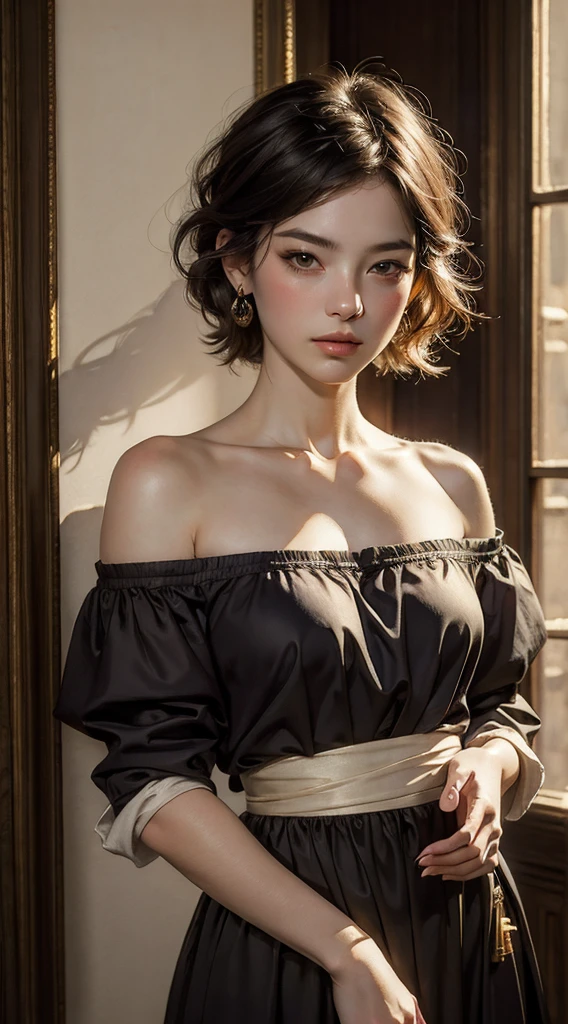 (Sargent style watercolor)、(highest quality、masterpiece)、(realistic:1.5), RAW photo, 1 girl, off shoulder, in the dark, deep shadow, discreet key, cold light, sexy look, short hair