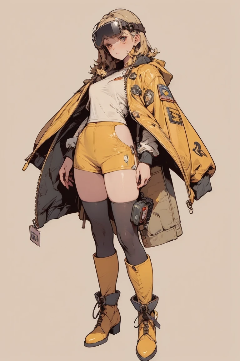 Full body portrait, ( super detailed,  Ultra High Resolution , Detailed Background ),((2D)),(( Flat Color )),((achromatic )), 1girl,1 Solo,  watching viewers,  loose red flight suit ,  large sheepskin colored bomber jacket with steampunk goggles, (big yellow boots ),  Plush Color , Full body portrait, VR goggles, (( baron desert intracat background )), ((Doomsday City)),   Represent the whole body , (( drone next to her ))