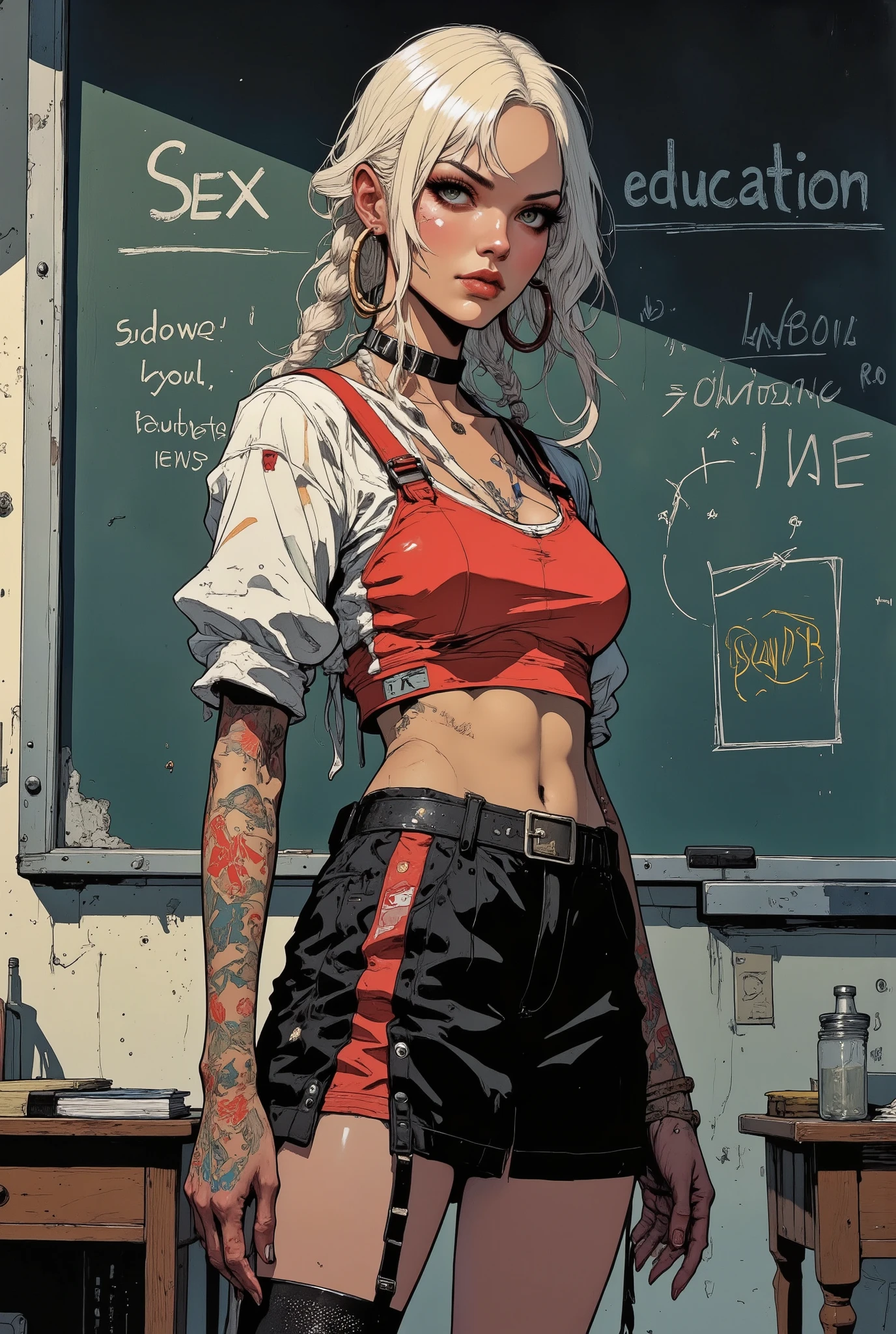 illustration, adult content, nsfw, illustration of a stunningly beautiful 20yo girl in school, best quality, school sweater cropped, underboob, massive breasts, standing in front of a blackboard where it is written in chalk "Sex Education" spelled correctly, beautiful lighting,  wearing  avery short skirt,, wearing cropped red and white top with underboob, choker, bleached blonde hair in braids, blue eyes, huge hoop earrings, bimbo aesthetic, the pit comics, wearing black and red clothes, huge lips, looking at the viewer with a sultry look, seductive smile, sexually suggestive